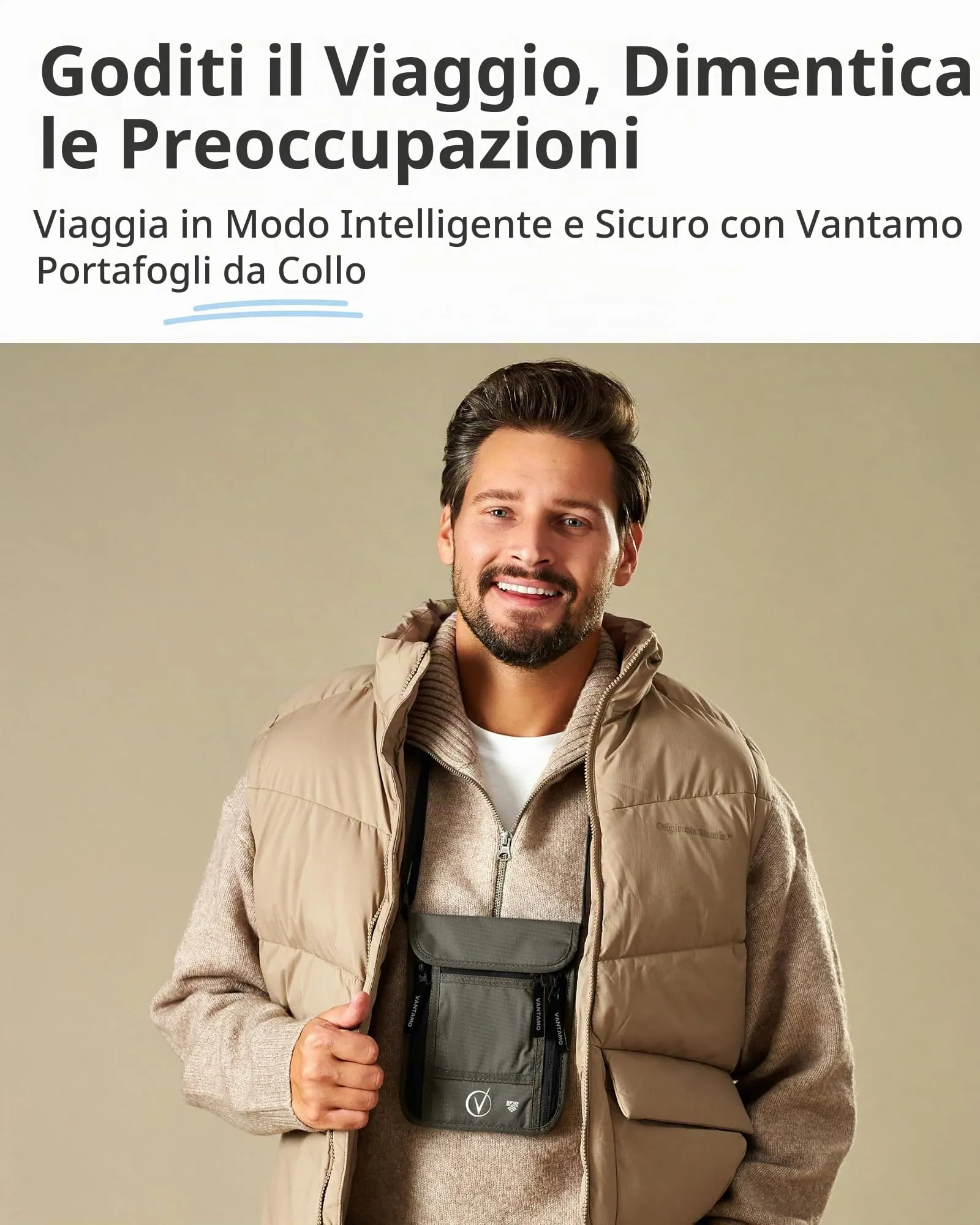 Vantamo Porta passaporto sottile da viaggio, portafoglio girocollo protetto RFID per uomo e donna, adatto per telefono, documenti e carte, Grigio acciaio nero, Portafoglio girocollo - immagine 6