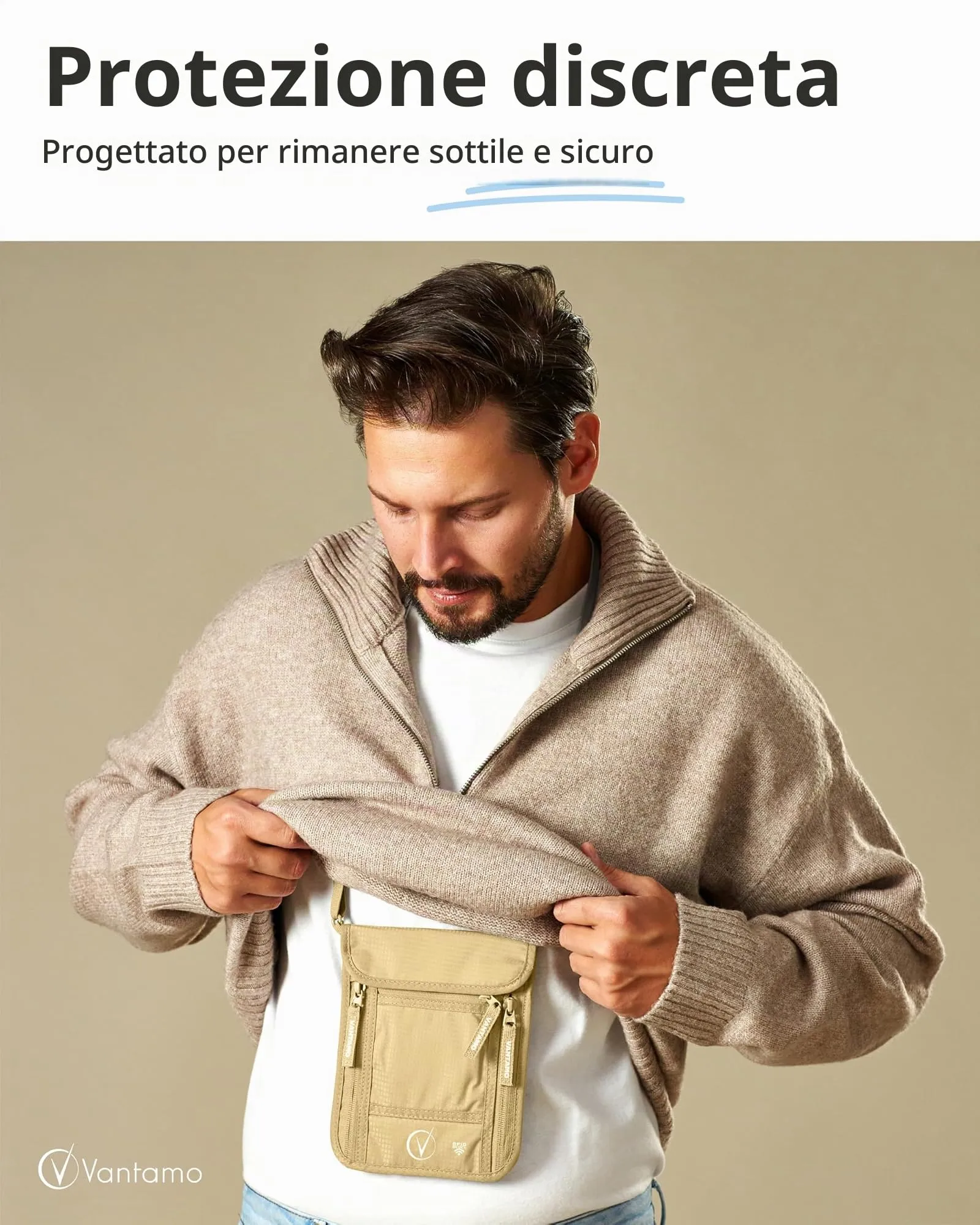 Portafoglio da viaggio e porta passaporto, protezione RFID, adatto per passaporto con custodia. Porta passaporto per uomo e donna, Cachi - immagine 2