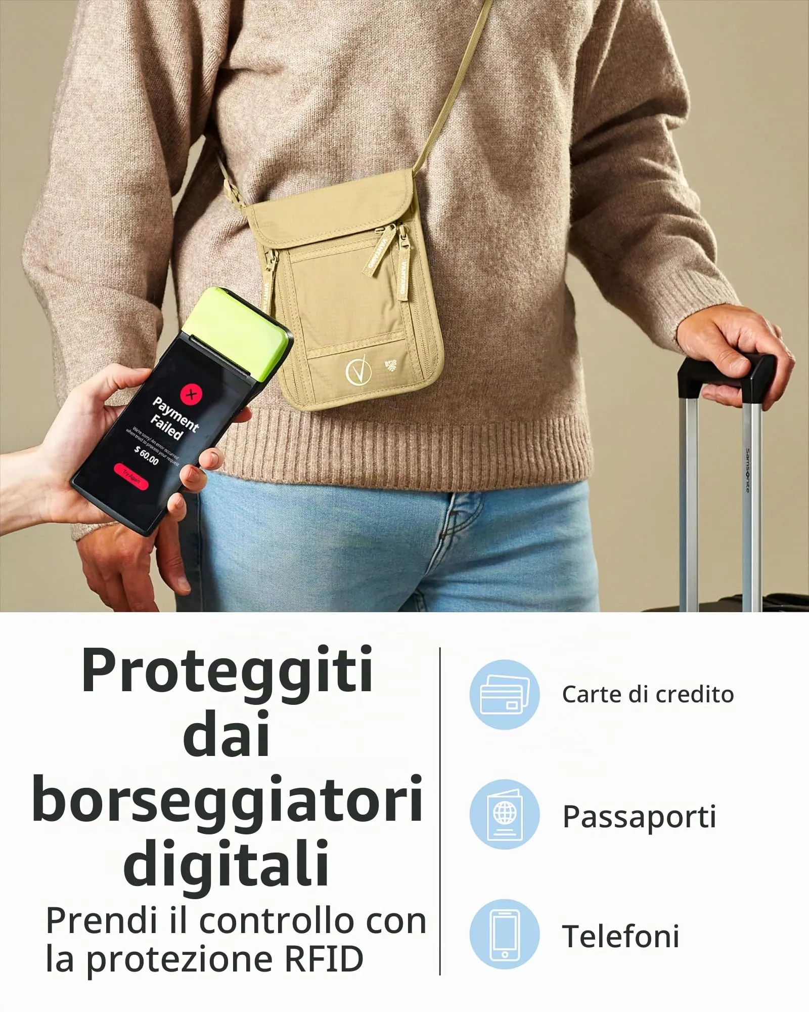 Portafoglio da viaggio e porta passaporto, protezione RFID, adatto per passaporto con custodia. Porta passaporto per uomo e donna, Cachi - immagine 3