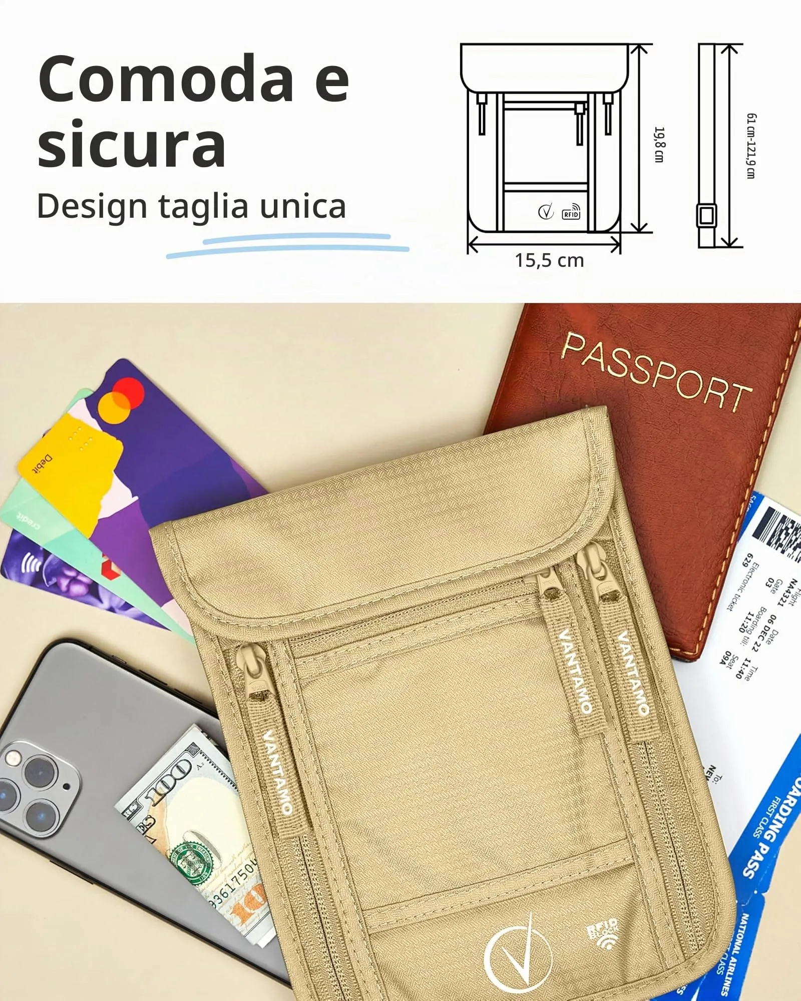 Portafoglio da viaggio e porta passaporto, protezione RFID, adatto per passaporto con custodia. Porta passaporto per uomo e donna, Cachi - immagine 4