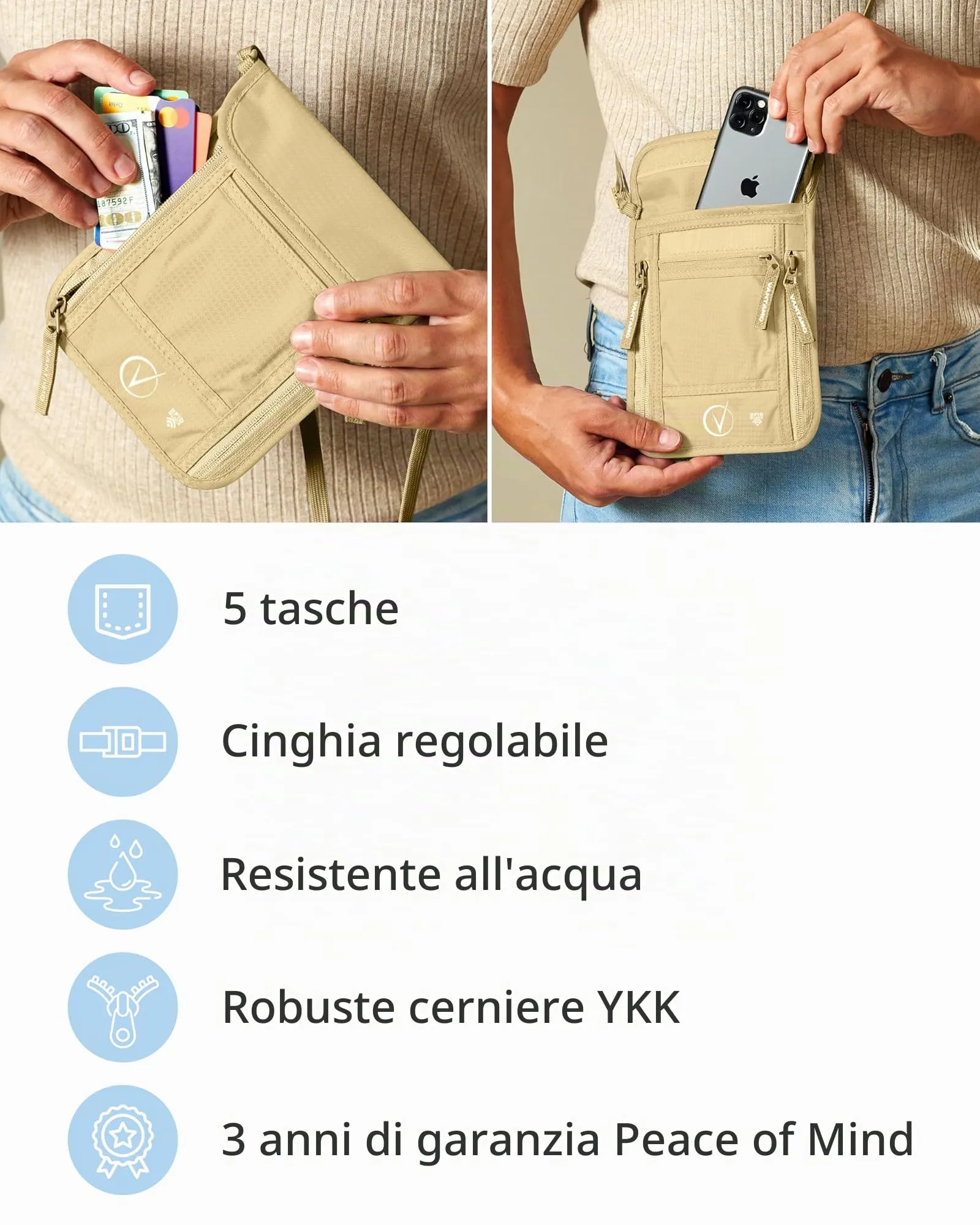 Portafoglio da viaggio e porta passaporto, protezione RFID, adatto per passaporto con custodia. Porta passaporto per uomo e donna, Cachi - immagine 5
