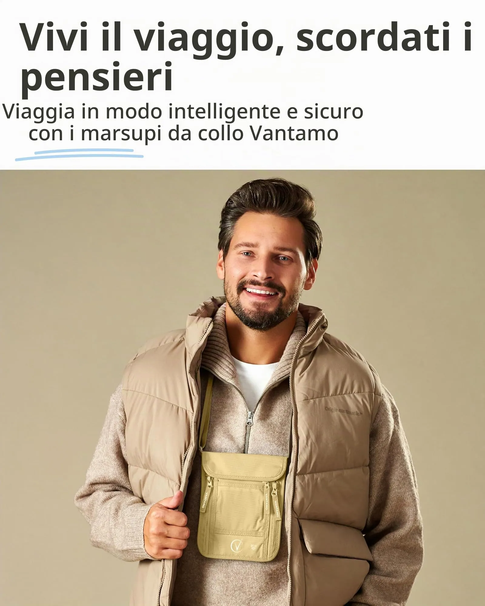 Portafoglio da viaggio e porta passaporto, protezione RFID, adatto per passaporto con custodia. Porta passaporto per uomo e donna, Cachi - immagine 6