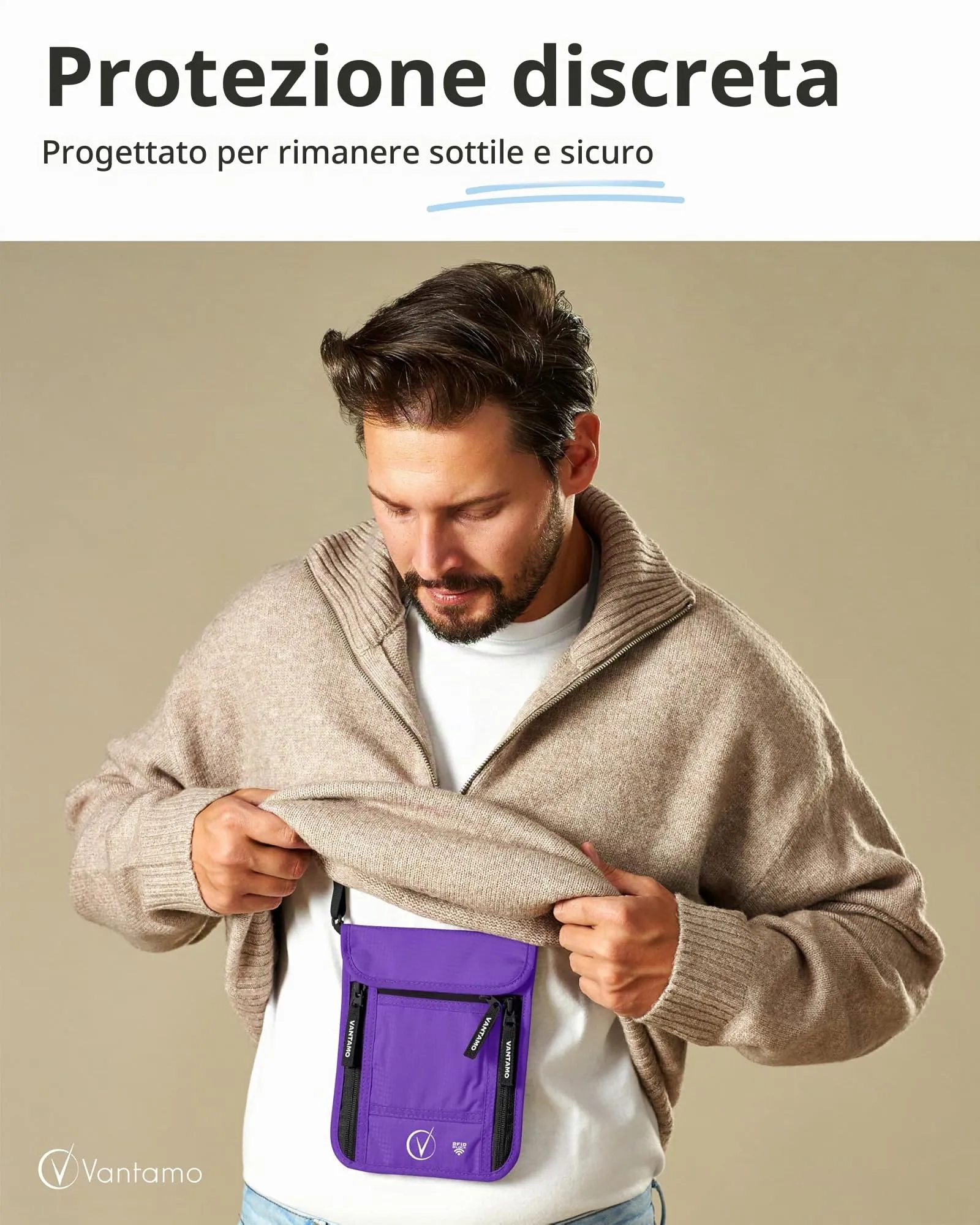 Vantamo Marsupio da Viaggio Premium da Collo con Portafoglio e Portapassaporto, Protezione RFID, Adatto per Passaporto con Custodia. Portapassaporto da Collo per Uomini e Donne, Viola e nero. - immagine 2