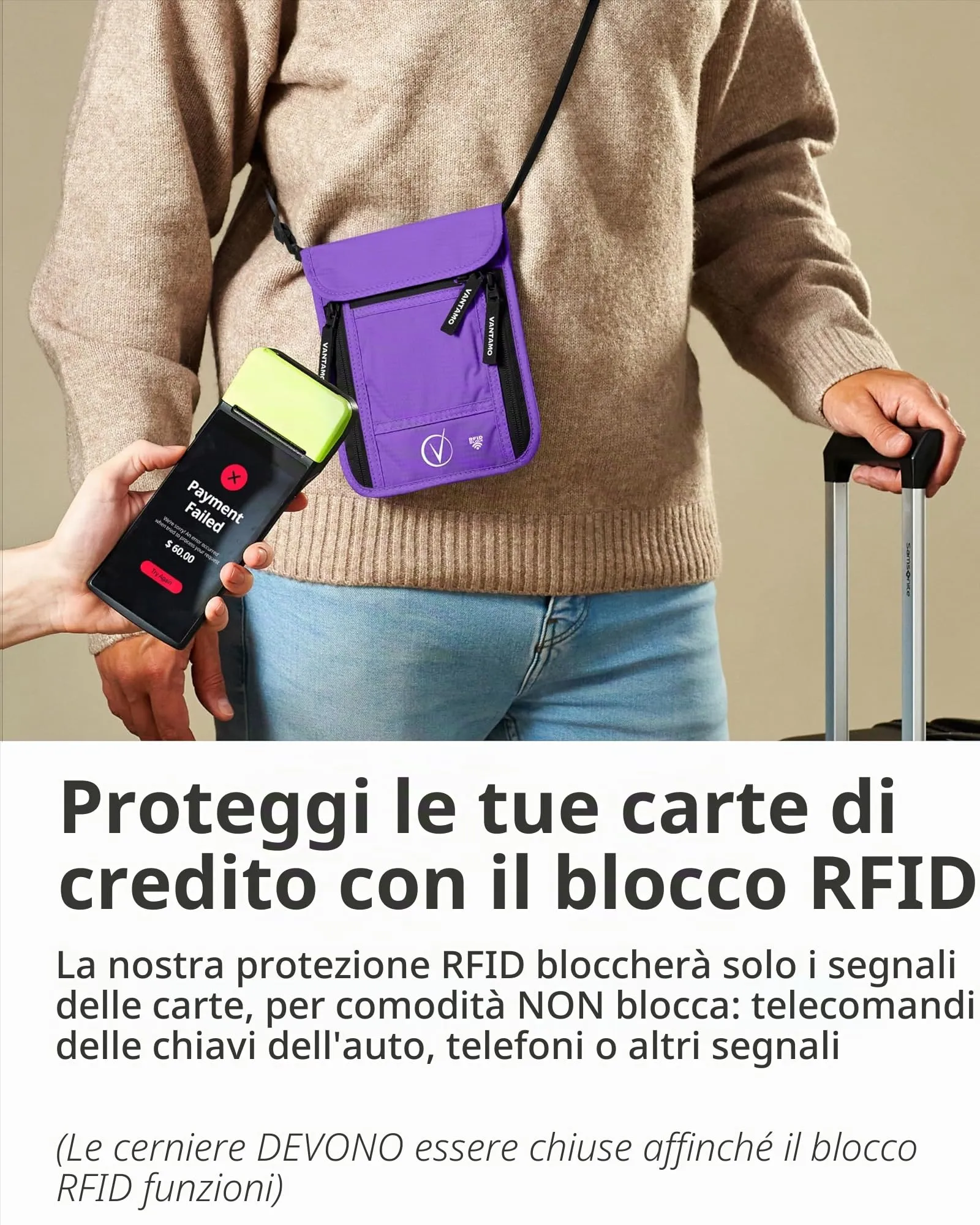 Vantamo Marsupio da Viaggio Premium da Collo con Portafoglio e Portapassaporto, Protezione RFID, Adatto per Passaporto con Custodia. Portapassaporto da Collo per Uomini e Donne, Viola e nero. - immagine 3