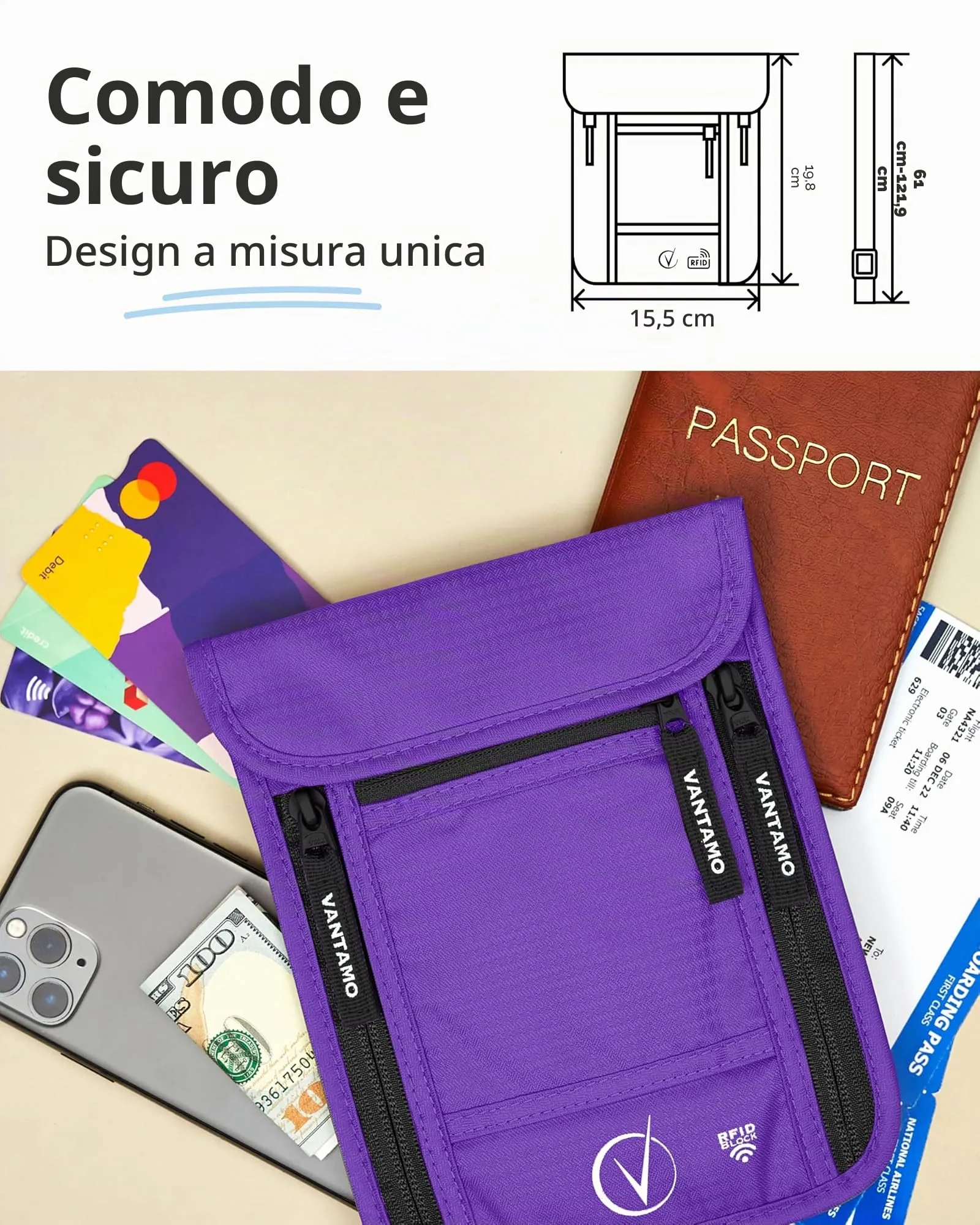 Vantamo Marsupio da Viaggio Premium da Collo con Portafoglio e Portapassaporto, Protezione RFID, Adatto per Passaporto con Custodia. Portapassaporto da Collo per Uomini e Donne, Viola e nero. - immagine 4