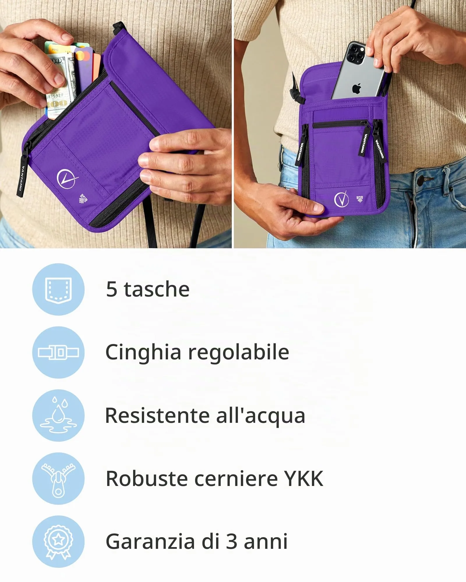 Vantamo Marsupio da Viaggio Premium da Collo con Portafoglio e Portapassaporto, Protezione RFID, Adatto per Passaporto con Custodia. Portapassaporto da Collo per Uomini e Donne, Viola e nero. - immagine 5