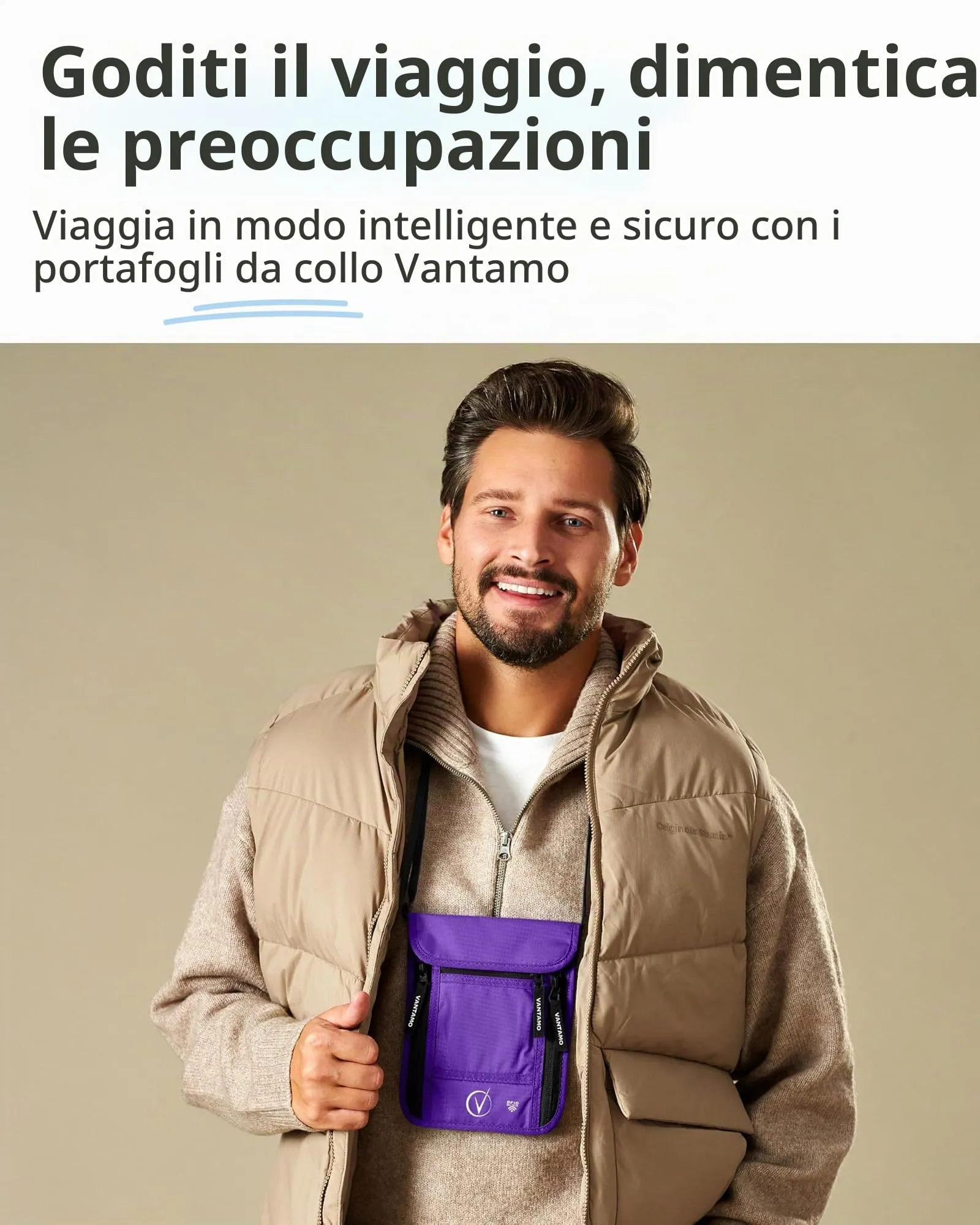 Vantamo Marsupio da Viaggio Premium da Collo con Portafoglio e Portapassaporto, Protezione RFID, Adatto per Passaporto con Custodia. Portapassaporto da Collo per Uomini e Donne, Viola e nero. - immagine 6