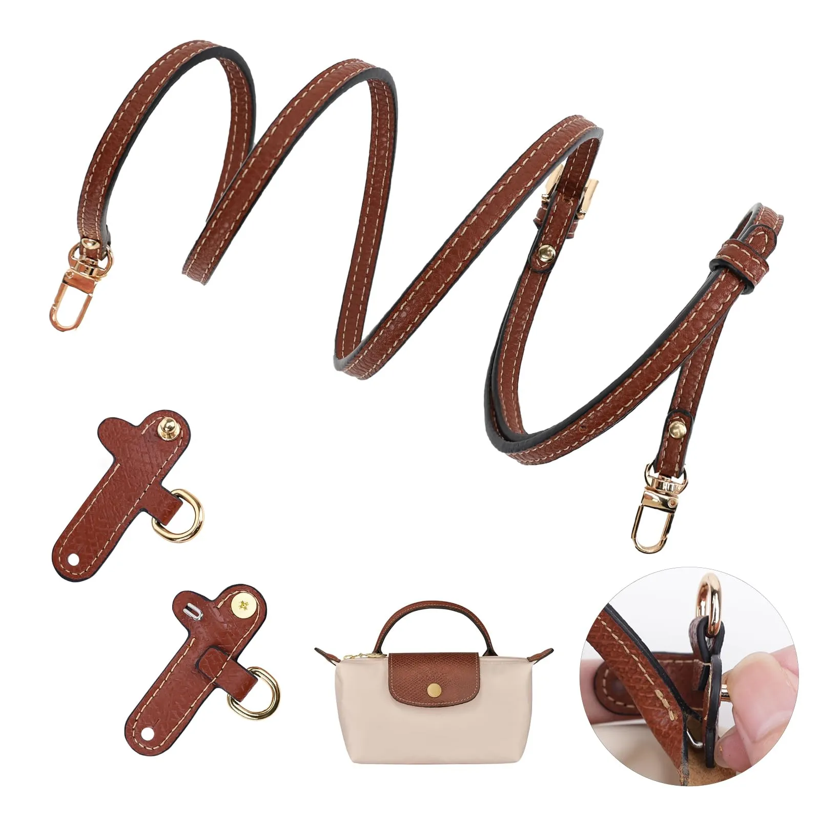 Tracolla per Longchamp Mini Borse, Non Perforato Pelle Tracolla per Borsa Donna Con Ganci, per Longchamp Le Pliage, Manici per Borsa,Strap for Longchamp - immagine 1