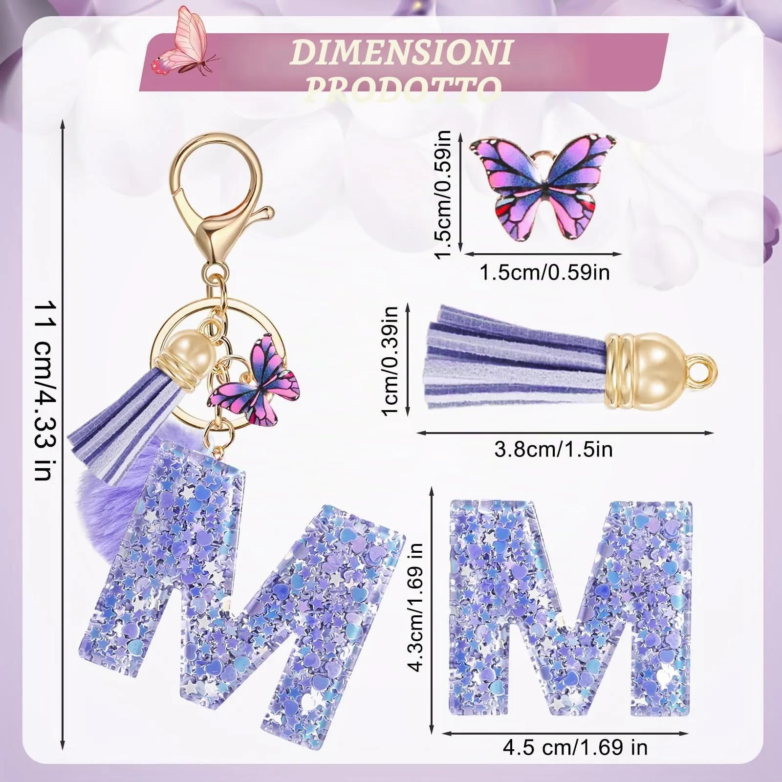 JSRQT Nome Lettera iniziale M Portachiavi Viola da Ragazza Farfallina Nappa Donna Regalo Decor Personalizzare per Borsa Zaino Ciondoli in Resina - immagine 2