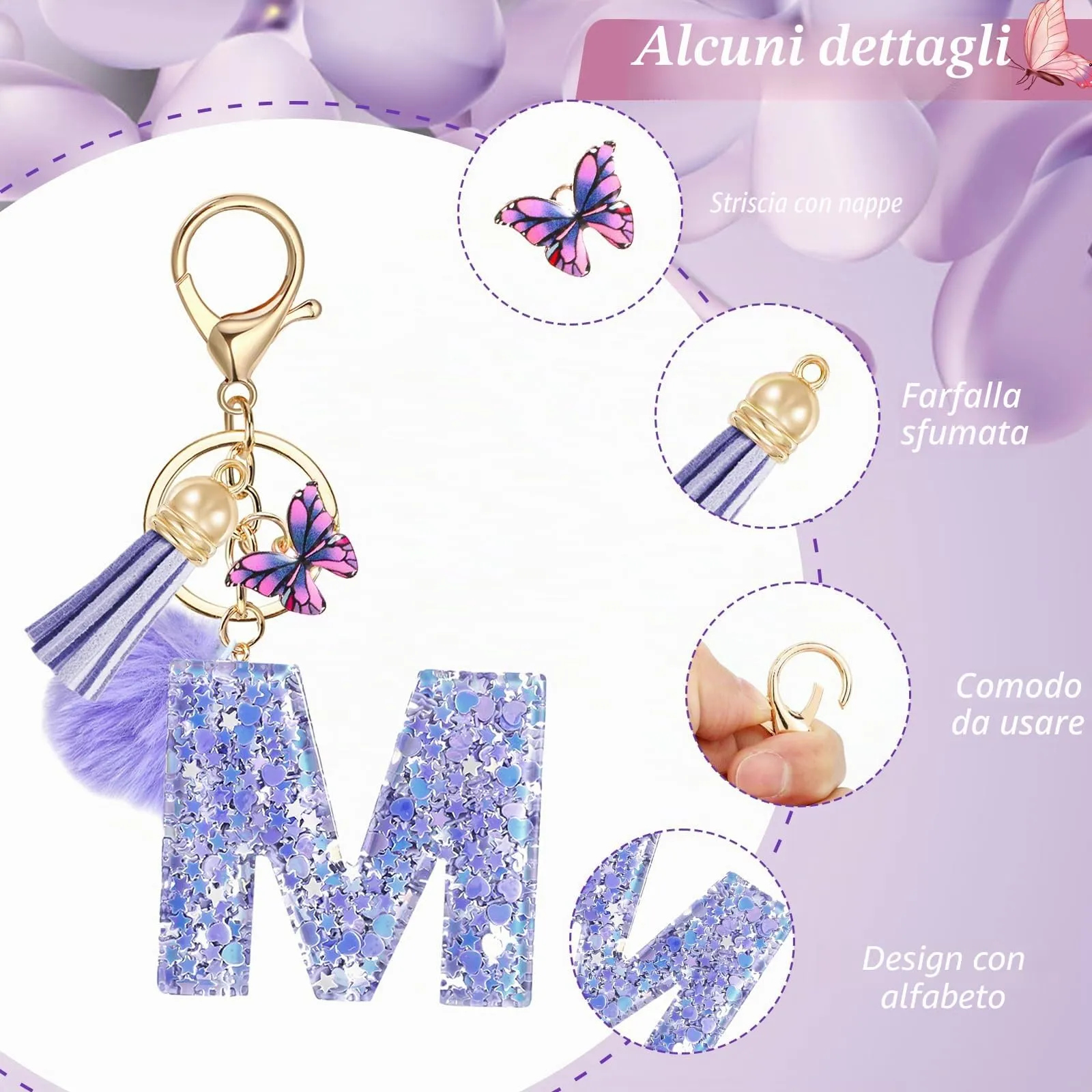 JSRQT Nome Lettera iniziale M Portachiavi Viola da Ragazza Farfallina Nappa Donna Regalo Decor Personalizzare per Borsa Zaino Ciondoli in Resina - immagine 4