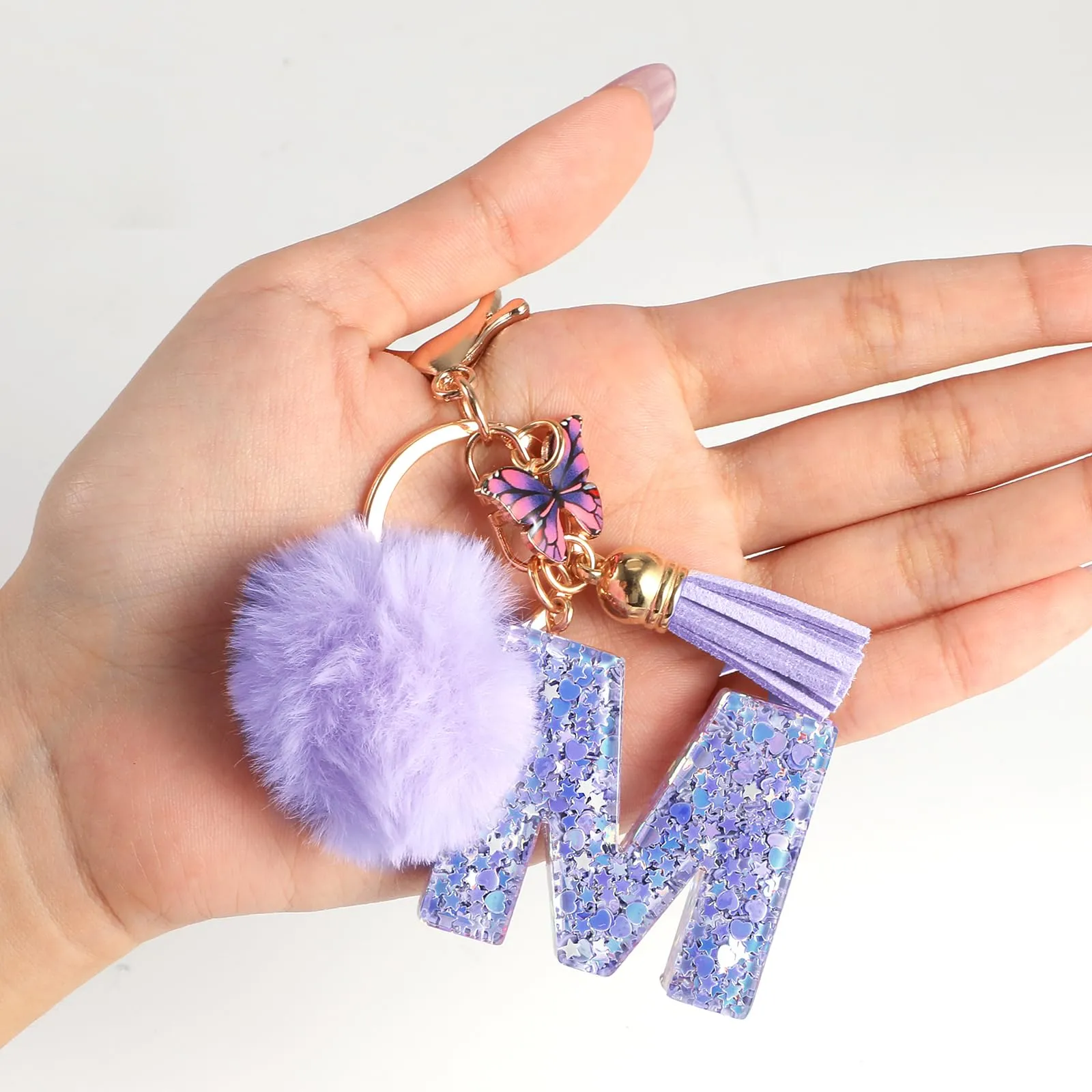 JSRQT Nome Lettera iniziale M Portachiavi Viola da Ragazza Farfallina Nappa Donna Regalo Decor Personalizzare per Borsa Zaino Ciondoli in Resina - immagine 5