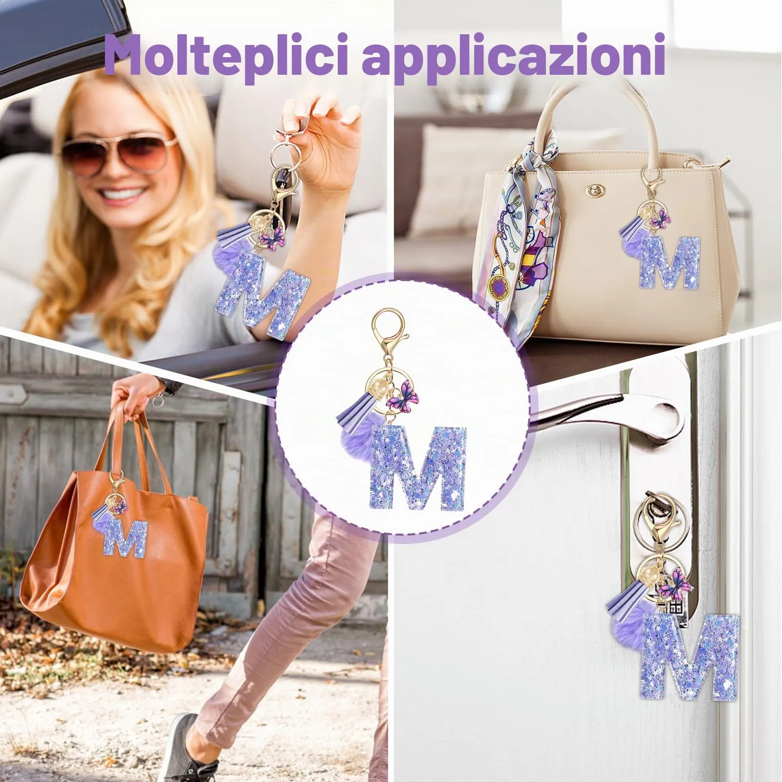 JSRQT Nome Lettera iniziale M Portachiavi Viola da Ragazza Farfallina Nappa Donna Regalo Decor Personalizzare per Borsa Zaino Ciondoli in Resina - immagine 6