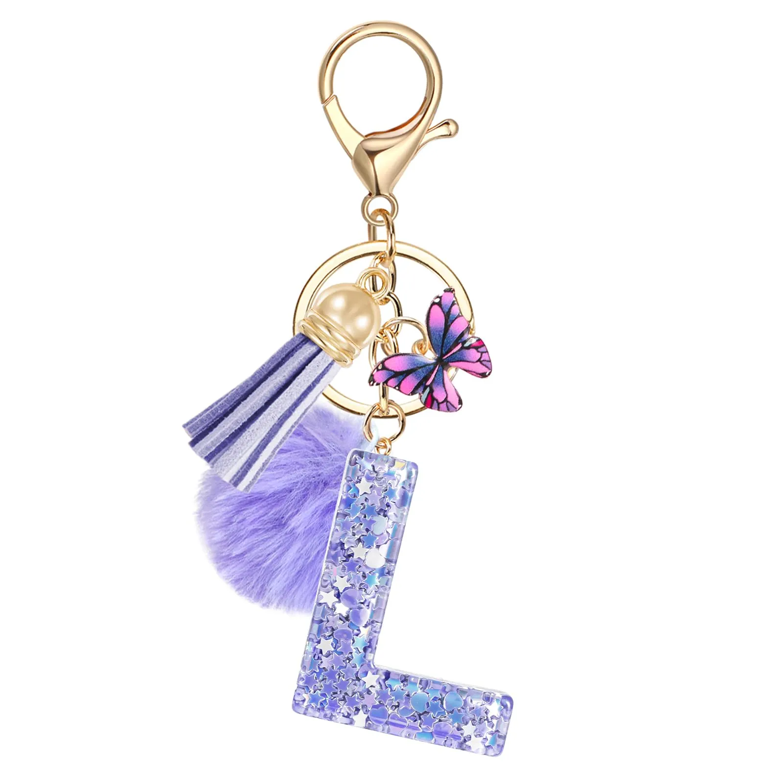 JSRQT Nome Lettera iniziale L Portachiavi Viola Farfallina Nappa Portachiavi da Ragazza Portachiavi Donna Regalo Portachiavi Decor Portachiavi da Personalizzare per Borsa Zaino Ciondoli in Resina - immagine 1