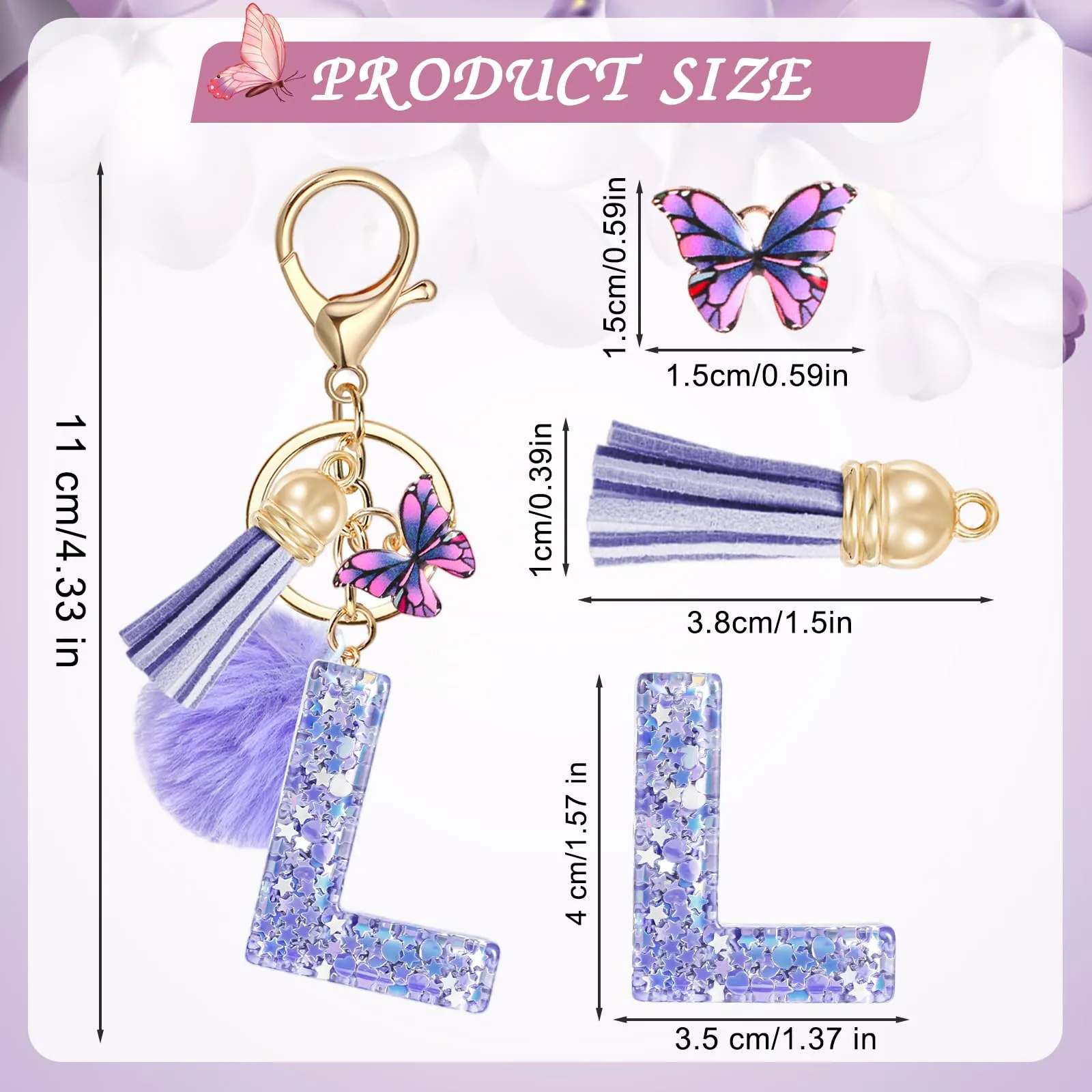 JSRQT Nome Lettera iniziale L Portachiavi Viola Farfallina Nappa Portachiavi da Ragazza Portachiavi Donna Regalo Portachiavi Decor Portachiavi da Personalizzare per Borsa Zaino Ciondoli in Resina - immagine 2