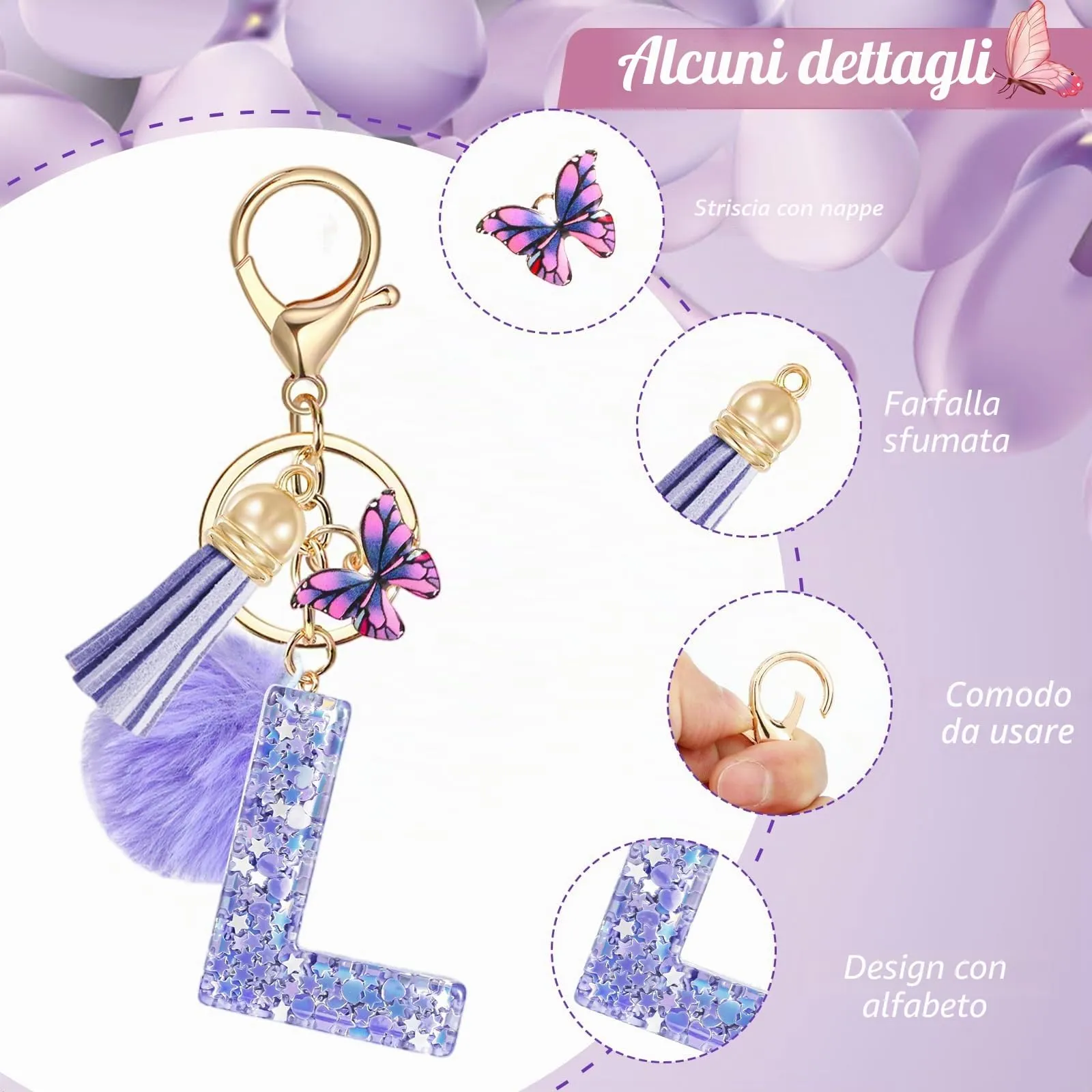 JSRQT Nome Lettera iniziale L Portachiavi Viola Farfallina Nappa Portachiavi da Ragazza Portachiavi Donna Regalo Portachiavi Decor Portachiavi da Personalizzare per Borsa Zaino Ciondoli in Resina - immagine 4