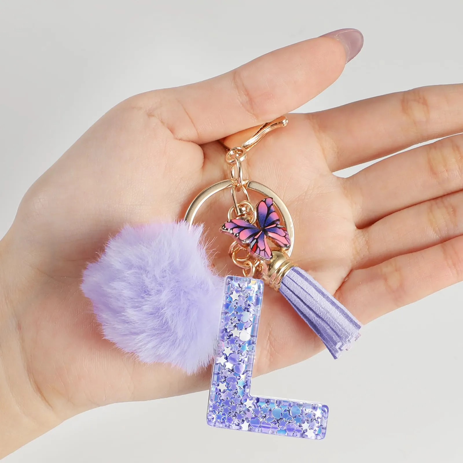 JSRQT Nome Lettera iniziale L Portachiavi Viola Farfallina Nappa Portachiavi da Ragazza Portachiavi Donna Regalo Portachiavi Decor Portachiavi da Personalizzare per Borsa Zaino Ciondoli in Resina - immagine 5