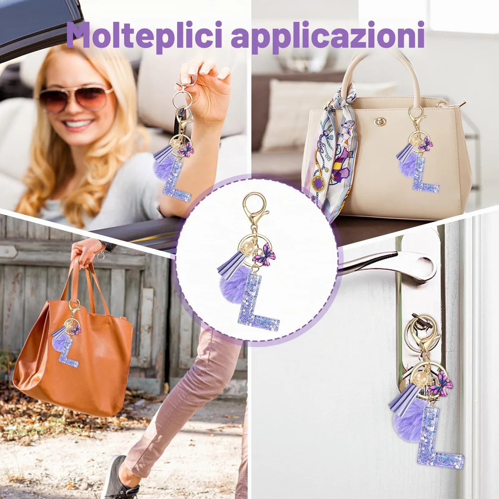 JSRQT Nome Lettera iniziale L Portachiavi Viola Farfallina Nappa Portachiavi da Ragazza Portachiavi Donna Regalo Portachiavi Decor Portachiavi da Personalizzare per Borsa Zaino Ciondoli in Resina - immagine 6