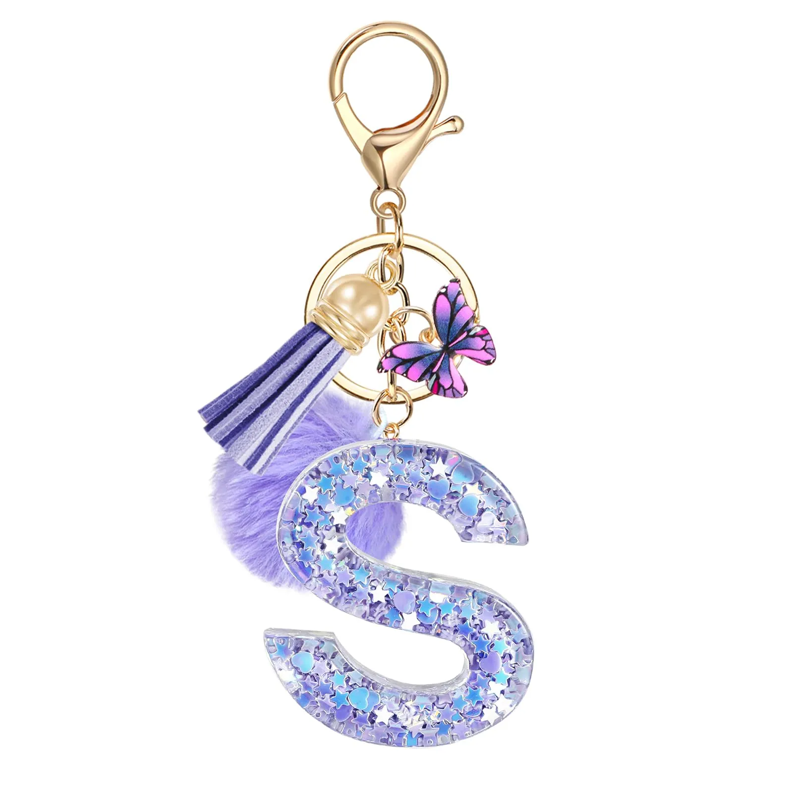 JSRQT Nome Lettera iniziale S Portachiavi Viola da Ragazza Farfallina Nappa Donna per Borsa Zaino Decor Personalizzare Ciondoli in Resina Regalo - immagine 1