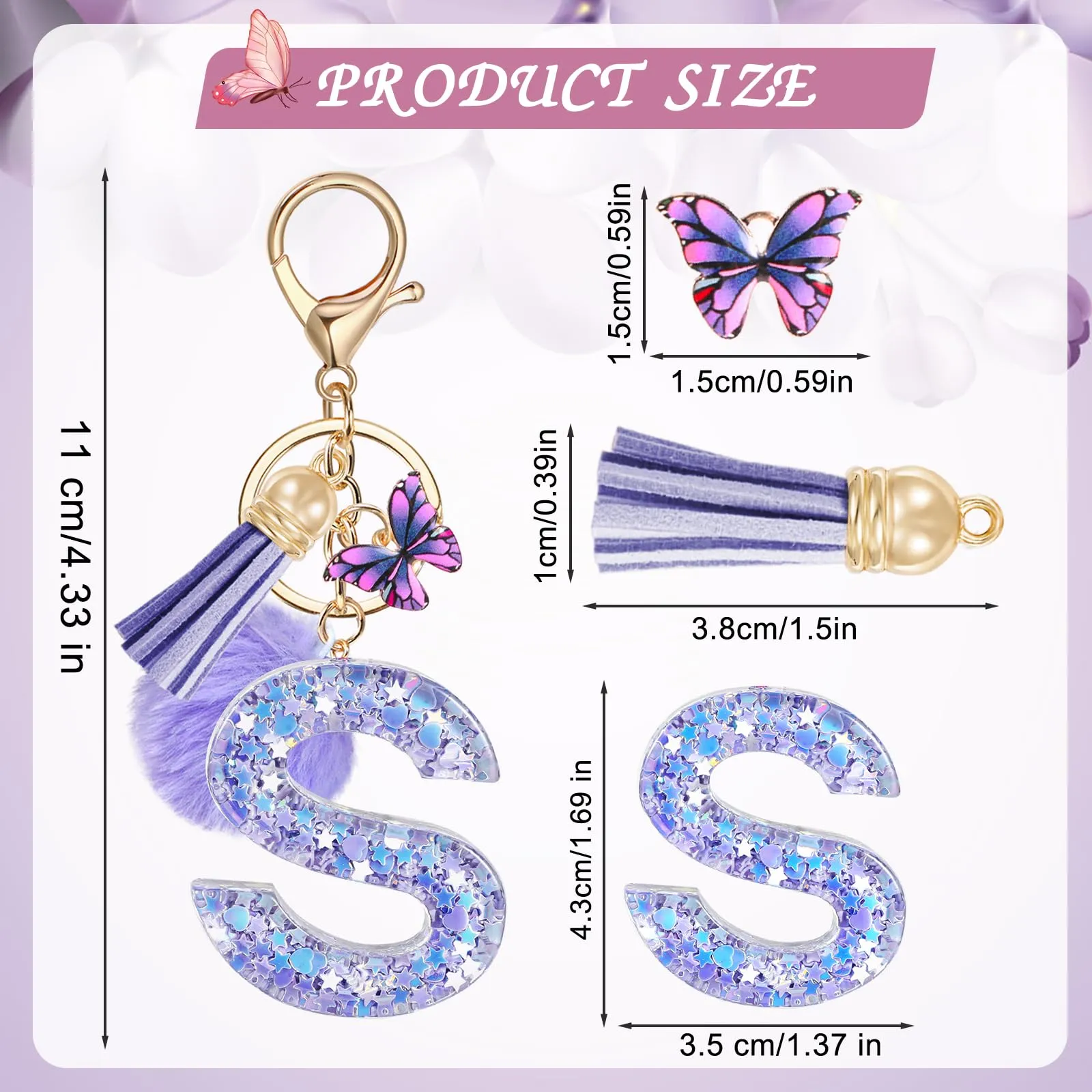 JSRQT Nome Lettera iniziale S Portachiavi Viola da Ragazza Farfallina Nappa Donna per Borsa Zaino Decor Personalizzare Ciondoli in Resina Regalo - immagine 2