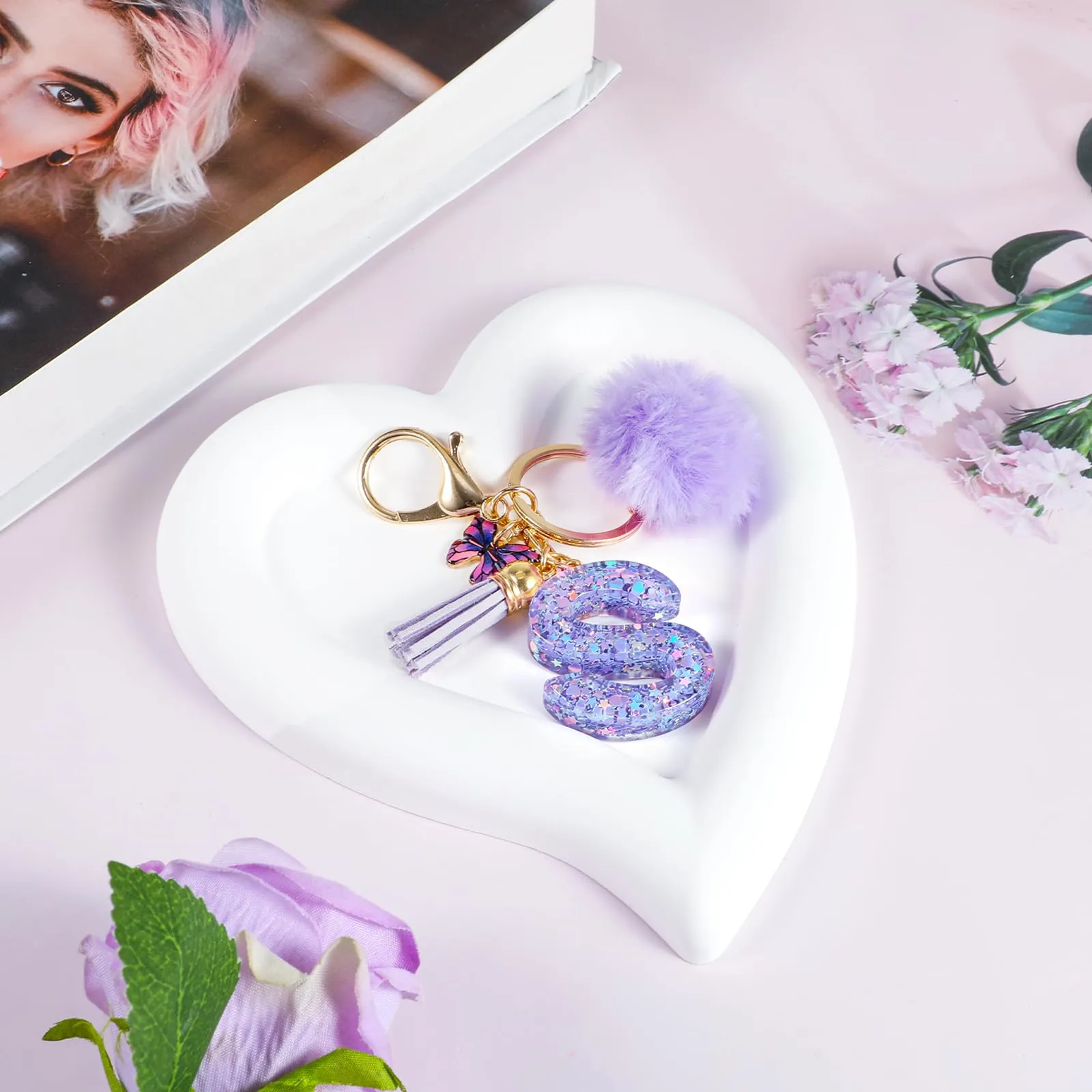 JSRQT Nome Lettera iniziale S Portachiavi Viola da Ragazza Farfallina Nappa Donna per Borsa Zaino Decor Personalizzare Ciondoli in Resina Regalo - immagine 3