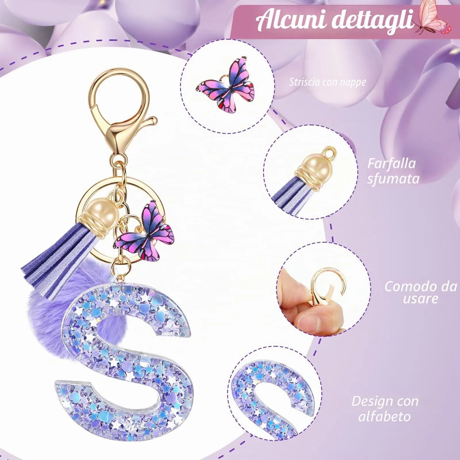 JSRQT Nome Lettera iniziale S Portachiavi Viola da Ragazza Farfallina Nappa Donna per Borsa Zaino Decor Personalizzare Ciondoli in Resina Regalo - immagine 4