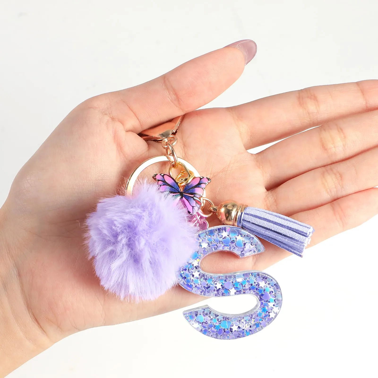 JSRQT Nome Lettera iniziale S Portachiavi Viola da Ragazza Farfallina Nappa Donna per Borsa Zaino Decor Personalizzare Ciondoli in Resina Regalo - immagine 5