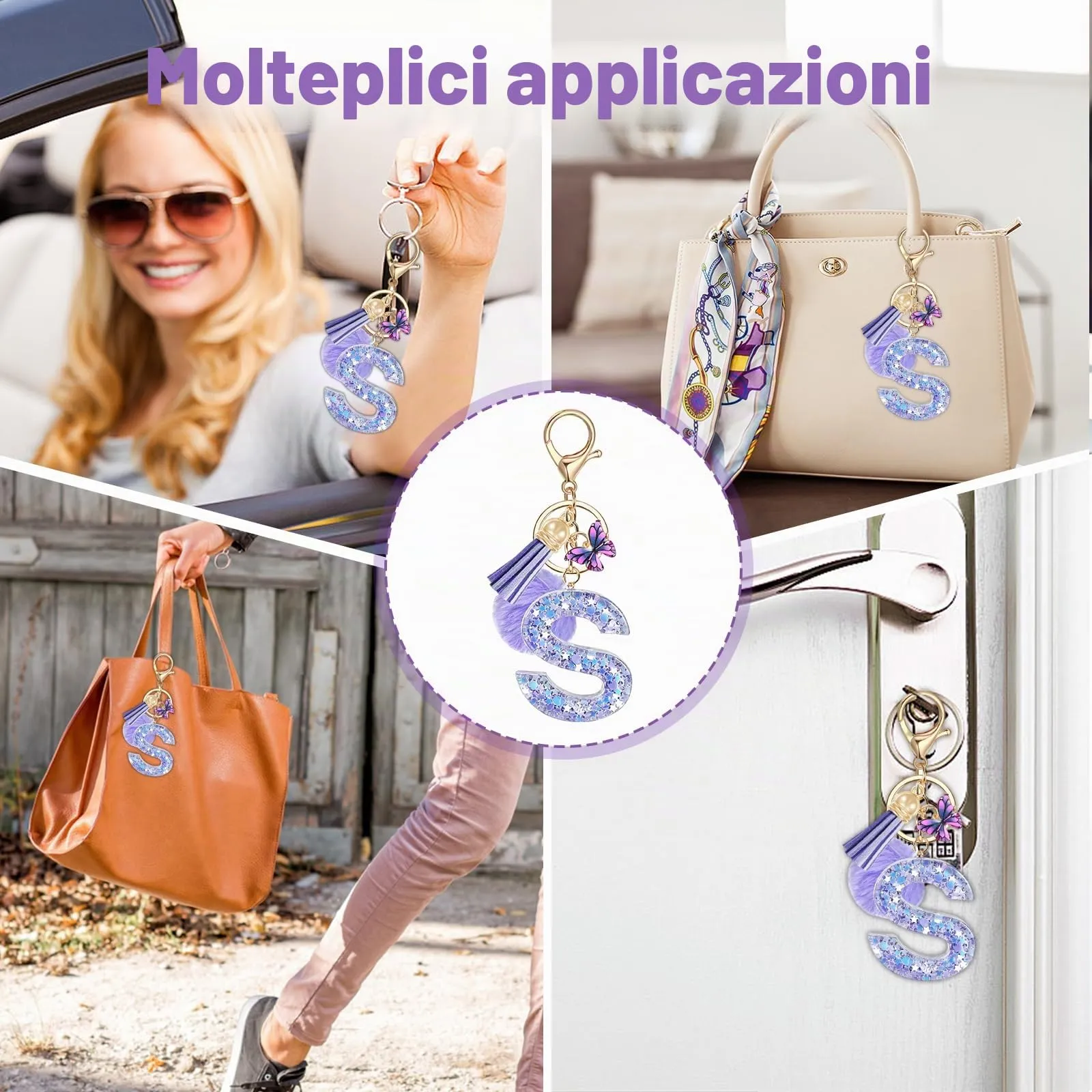 JSRQT Nome Lettera iniziale S Portachiavi Viola da Ragazza Farfallina Nappa Donna per Borsa Zaino Decor Personalizzare Ciondoli in Resina Regalo - immagine 6