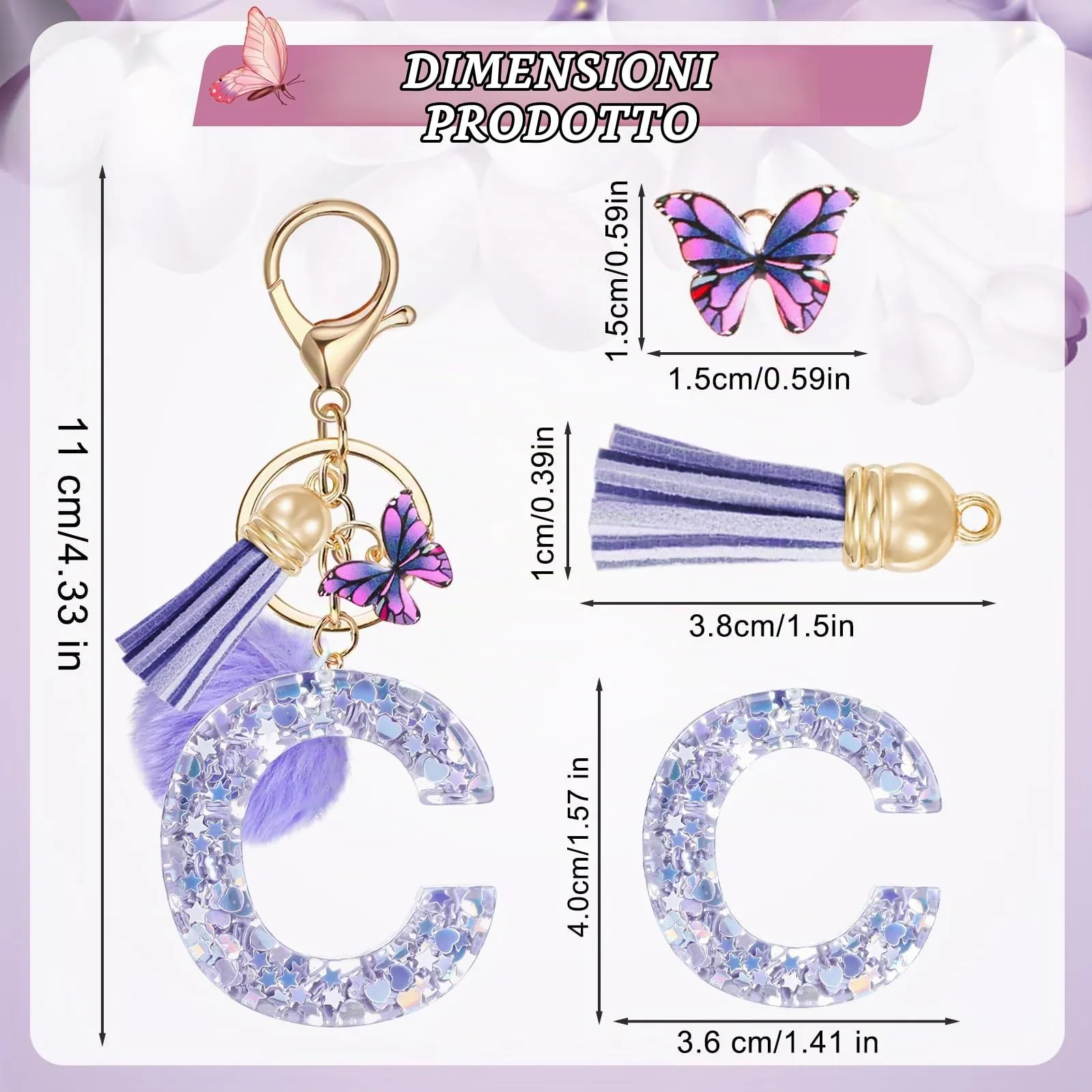 JSRQT Nome Lettera iniziale C Portachiavi Viola Farfallina Nappa Portachiavi da Ragazza Donna Regalo Decor da Personalizzare Ciondoli in Resina per Borsa Zaino - immagine 2