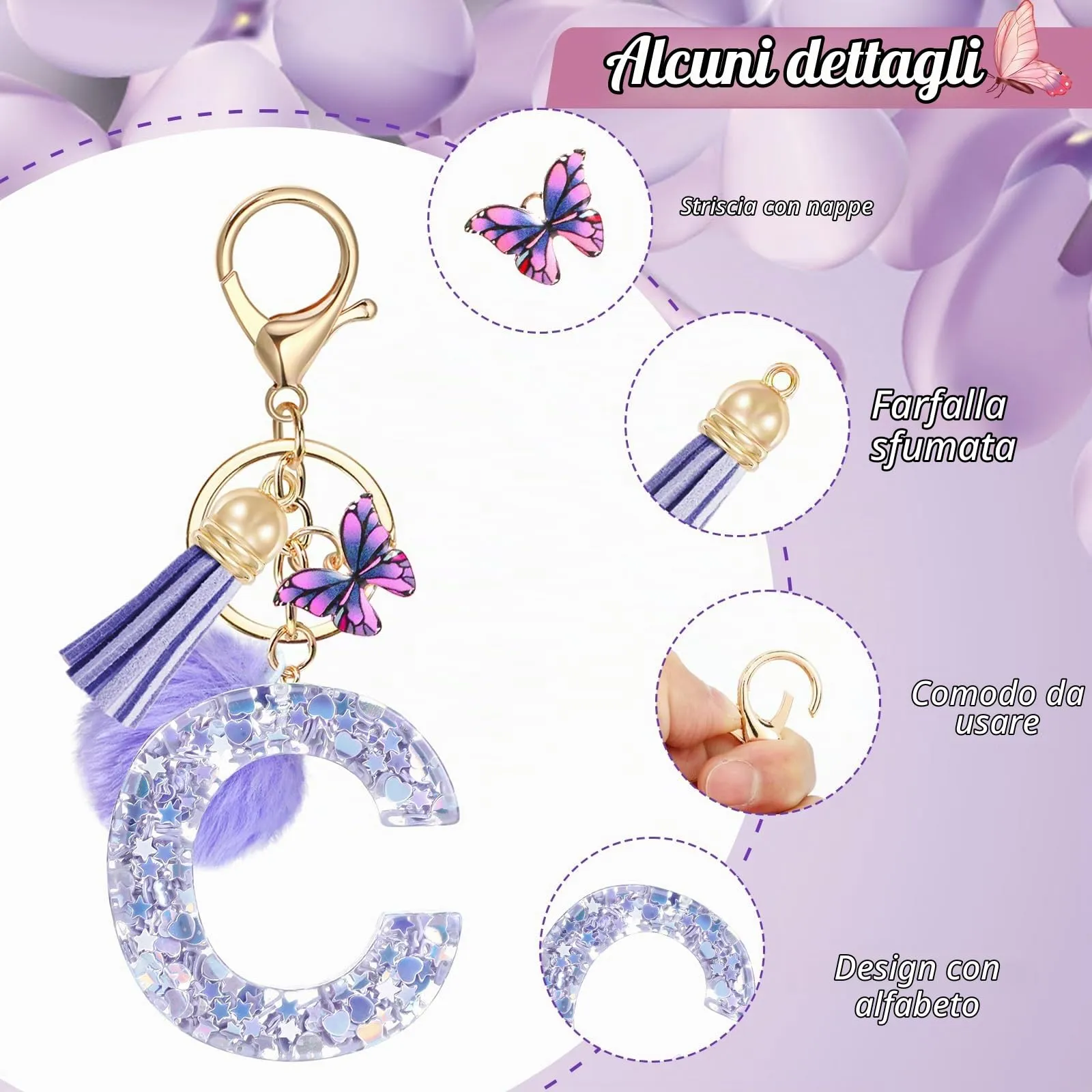 JSRQT Nome Lettera iniziale C Portachiavi Viola Farfallina Nappa Portachiavi da Ragazza Donna Regalo Decor da Personalizzare Ciondoli in Resina per Borsa Zaino - immagine 4