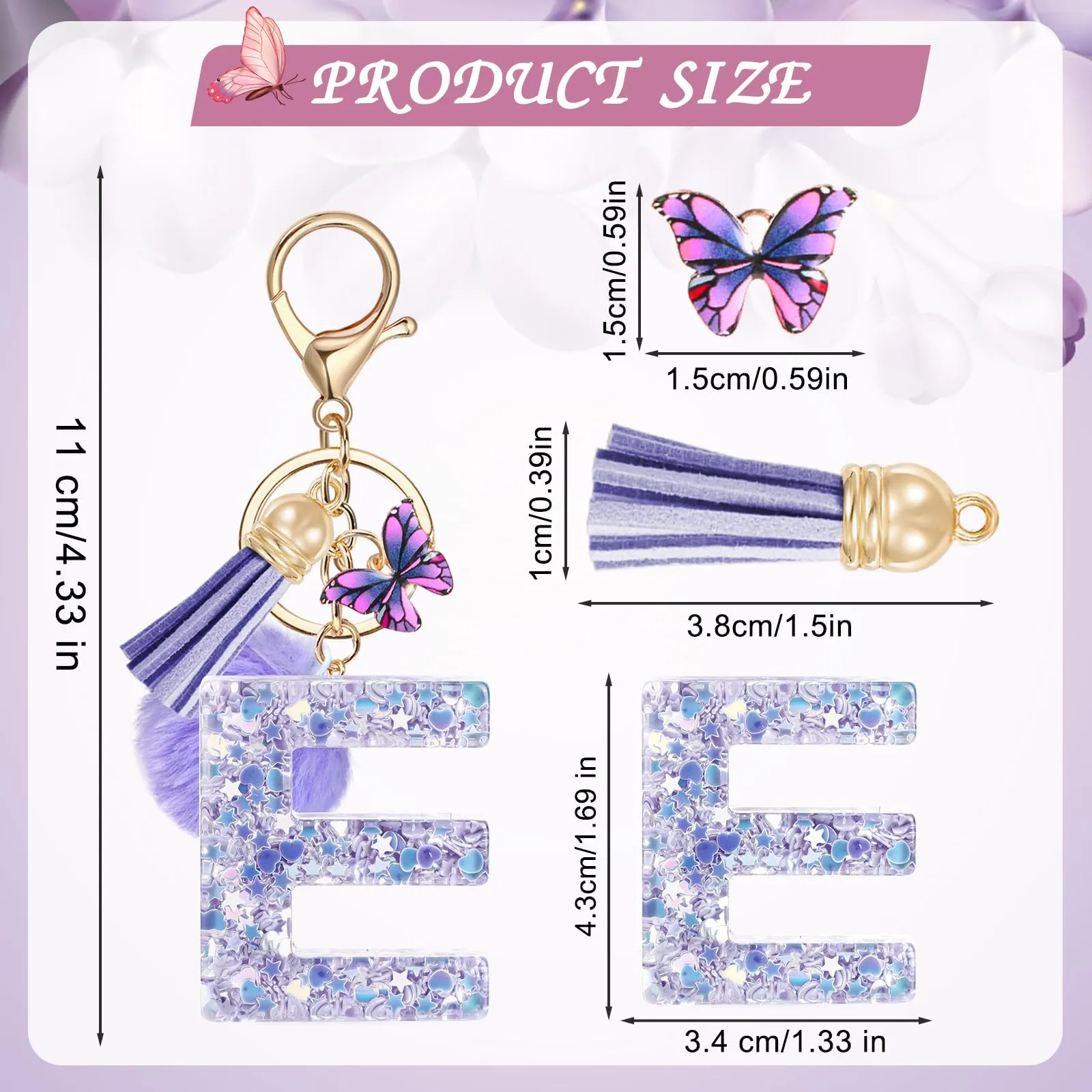 JSRQT Nome Lettera iniziale E Portachiavi Viola Portachiavi da Ragazza Farfallina Nappa Portachiavi Donna Portachiavi Decor Portachiavi da Personalizzare Ciondoli in Resina Regalo per Borsa Zaino - immagine 2
