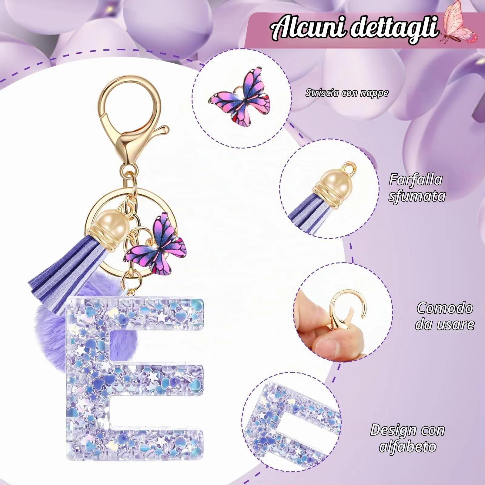 JSRQT Nome Lettera iniziale E Portachiavi Viola Portachiavi da Ragazza Farfallina Nappa Portachiavi Donna Portachiavi Decor Portachiavi da Personalizzare Ciondoli in Resina Regalo per Borsa Zaino - immagine 4