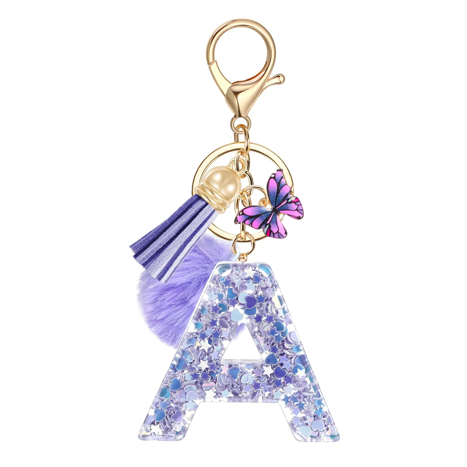 JSRQT Viola Nome Lettera iniziale A Portachiavi da Ragazza Farfallina Nappa Donna Regalo Portachiavi Decor da Personalizzare per Borsa Zaino Ciondoli in Resina - immagine 1
