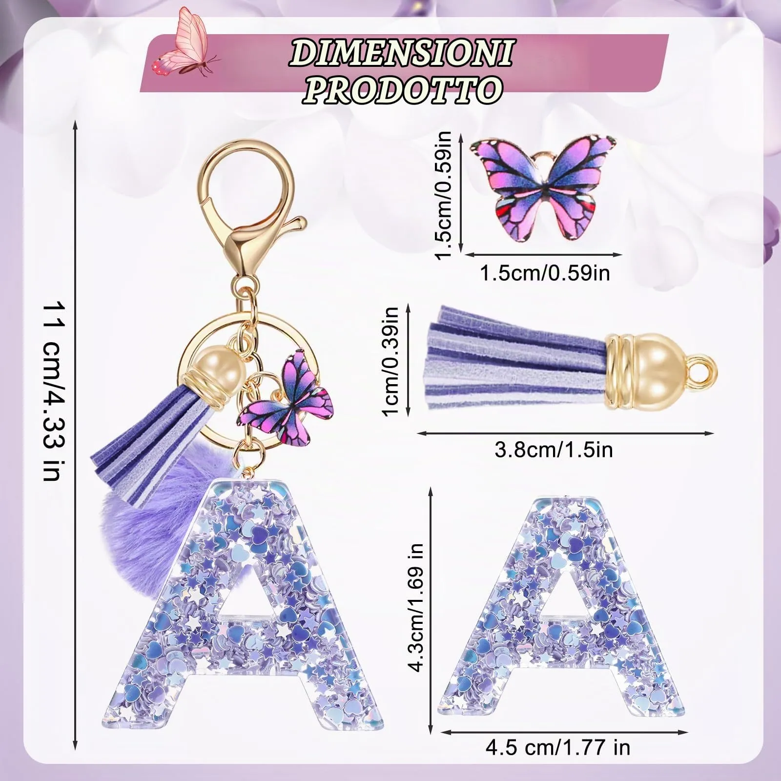 JSRQT Viola Nome Lettera iniziale A Portachiavi da Ragazza Farfallina Nappa Donna Regalo Portachiavi Decor da Personalizzare per Borsa Zaino Ciondoli in Resina - immagine 2