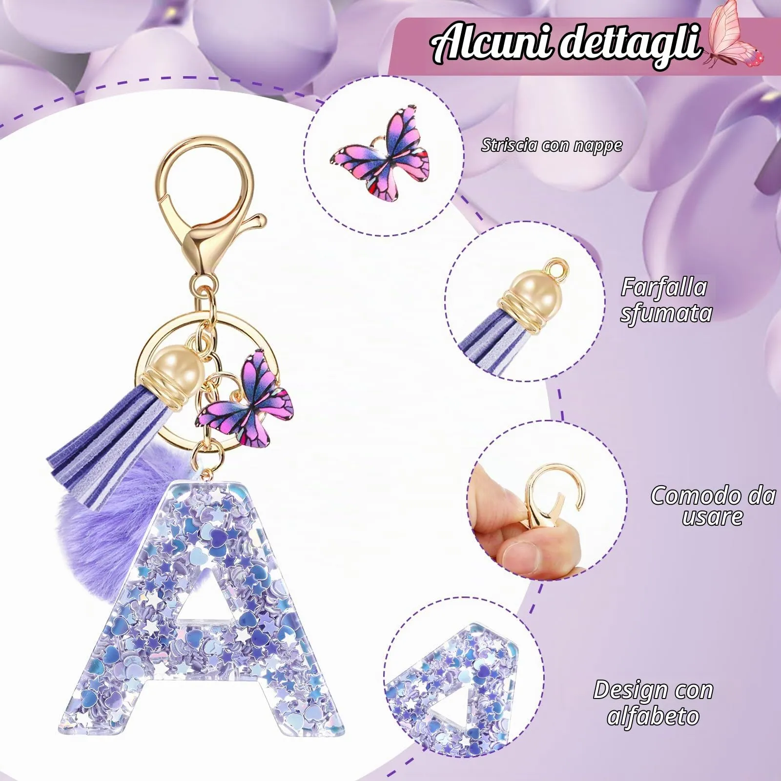 JSRQT Viola Nome Lettera iniziale A Portachiavi da Ragazza Farfallina Nappa Donna Regalo Portachiavi Decor da Personalizzare per Borsa Zaino Ciondoli in Resina - immagine 4