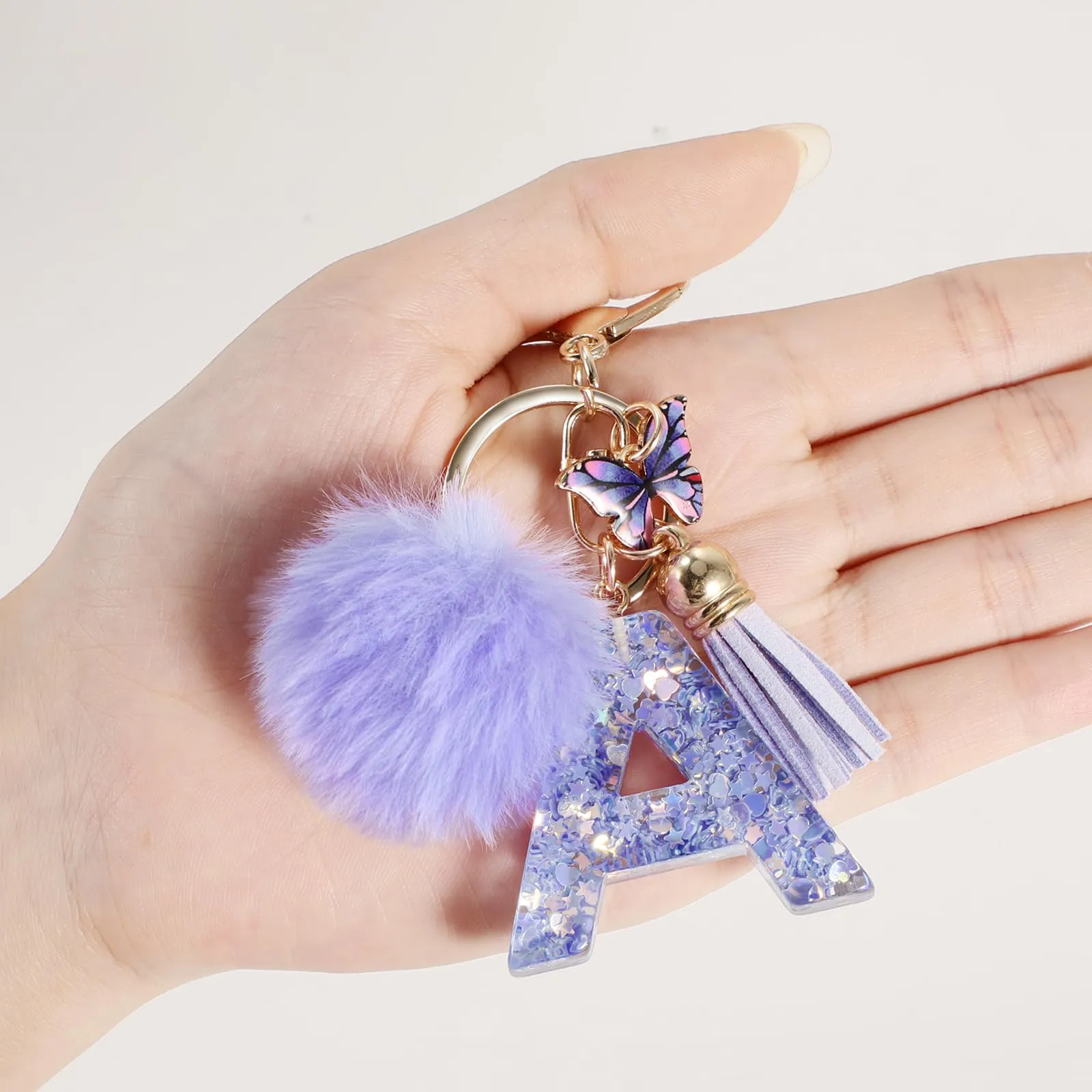 JSRQT Viola Nome Lettera iniziale A Portachiavi da Ragazza Farfallina Nappa Donna Regalo Portachiavi Decor da Personalizzare per Borsa Zaino Ciondoli in Resina - immagine 6