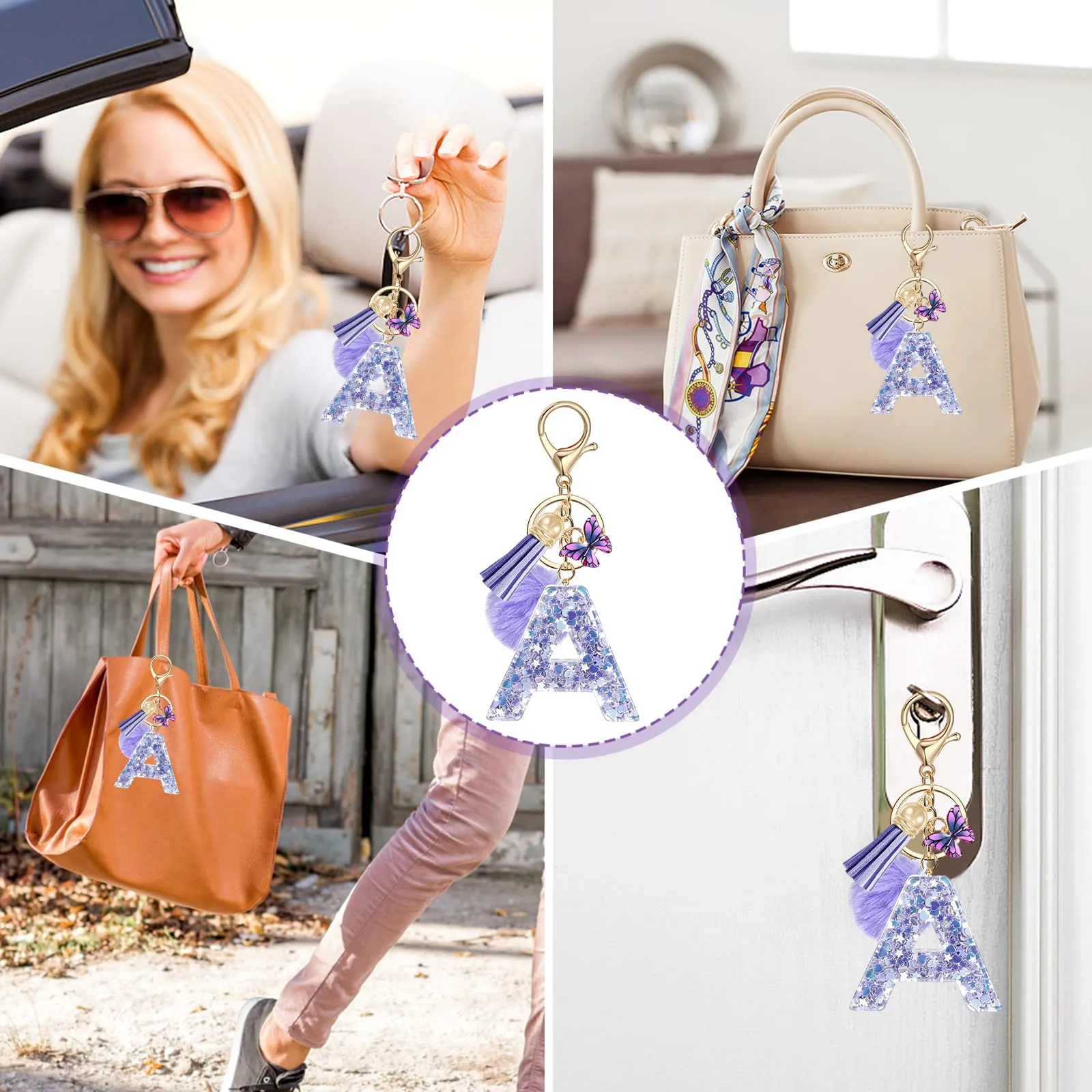 JSRQT Viola Nome Lettera iniziale A Portachiavi da Ragazza Farfallina Nappa Donna Regalo Portachiavi Decor da Personalizzare per Borsa Zaino Ciondoli in Resina - immagine 8