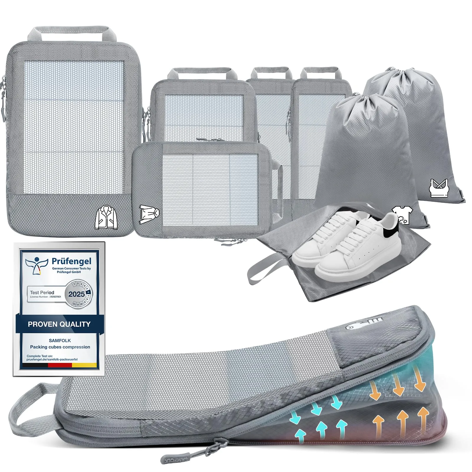 Organizer Valigia Compressione 8 Pezzi Packing Cubes Compression,Organizer Viaggio Salvaspazio Travel Accessori Grigio - immagine 1