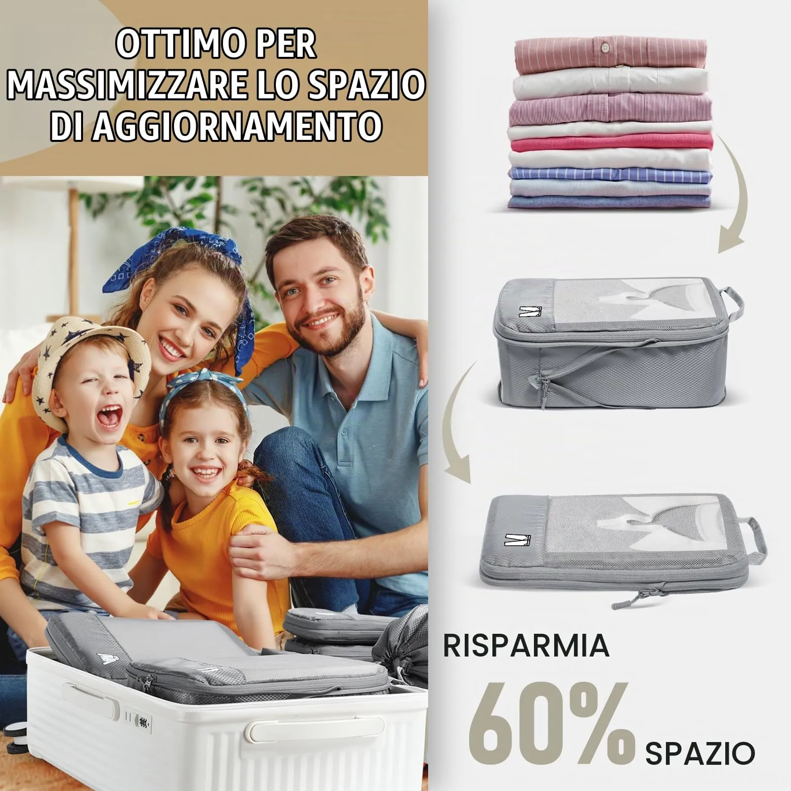 Organizer Valigia Compressione 8 Pezzi Packing Cubes Compression,Organizer Viaggio Salvaspazio Travel Accessori Grigio - immagine 2