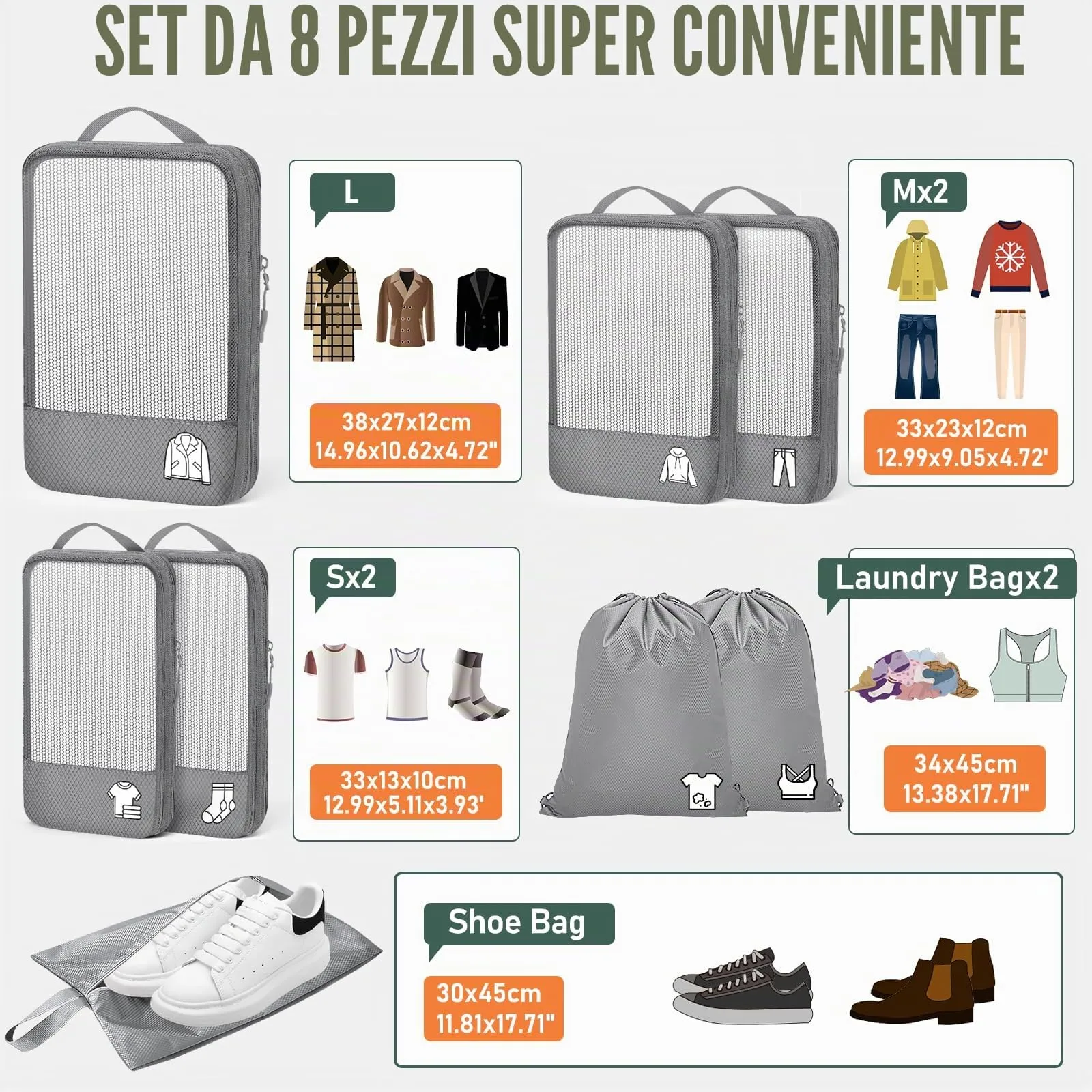 Organizer Valigia Compressione 8 Pezzi Packing Cubes Compression,Organizer Viaggio Salvaspazio Travel Accessori Grigio - immagine 6