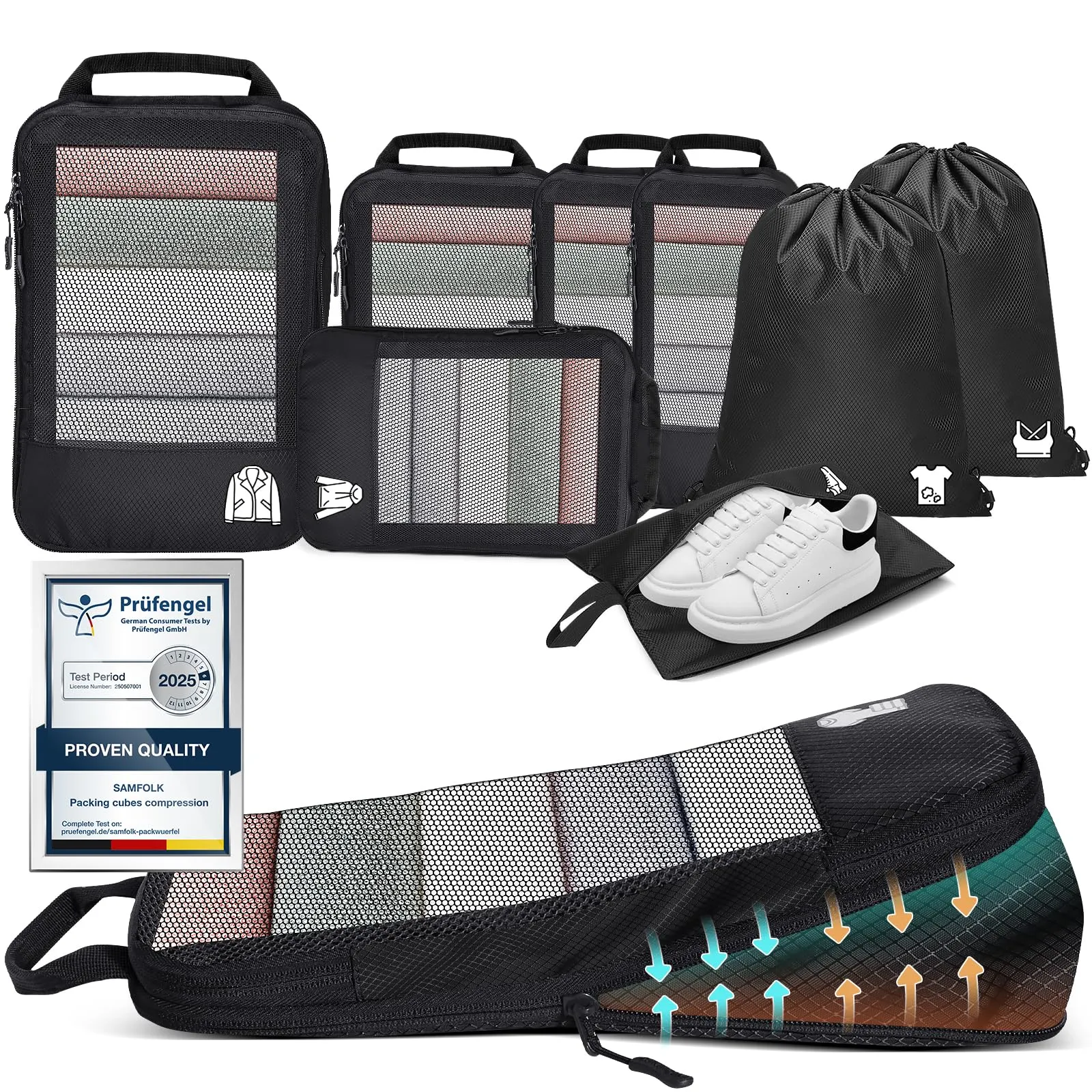 Organizer Valigia Compressione 8 Pezzi Packing Cubes Compression,Organizer Viaggio Salvaspazio Travel Accessori Nero - immagine 1