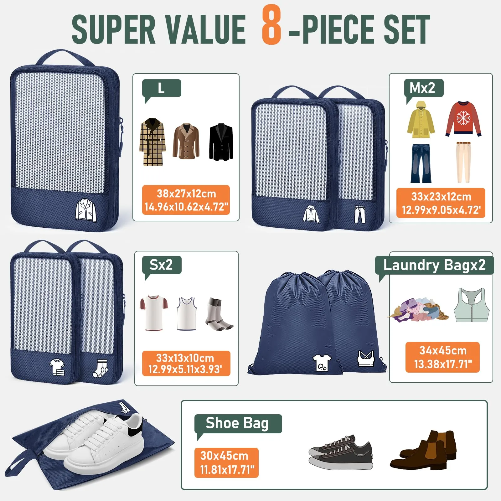 Organizer Valigia Compressione 8 Pezzi Packing Cubes Compression,Organizer Viaggio Salvaspazio Travel Accessori Blu - immagine 6