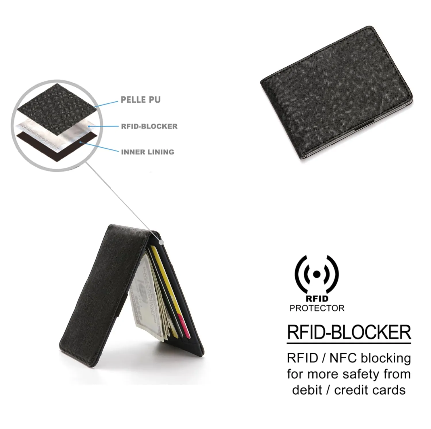 RisePlus FermaSoldi,Porta Carte Credito da Uomo Donna,in Pelle Alta Qualità con Protezione RFID,Portafoglio Slim Bifold(Blu) - immagine 6