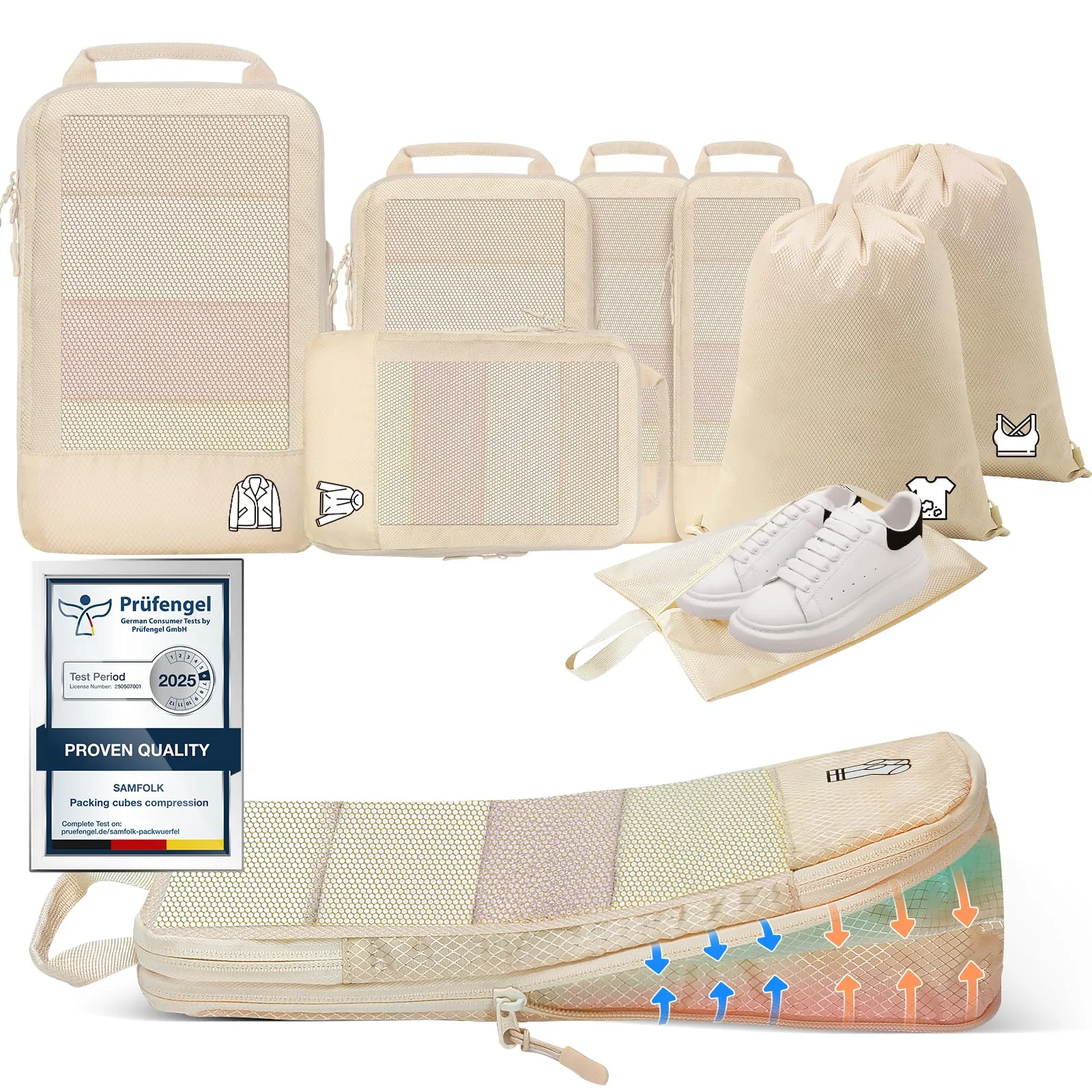 Organizer Valigia Compressione 8 Pezzi Packing Cubes Compression,Organizer Viaggio Salvaspazio Travel Accessori Beige - immagine 1