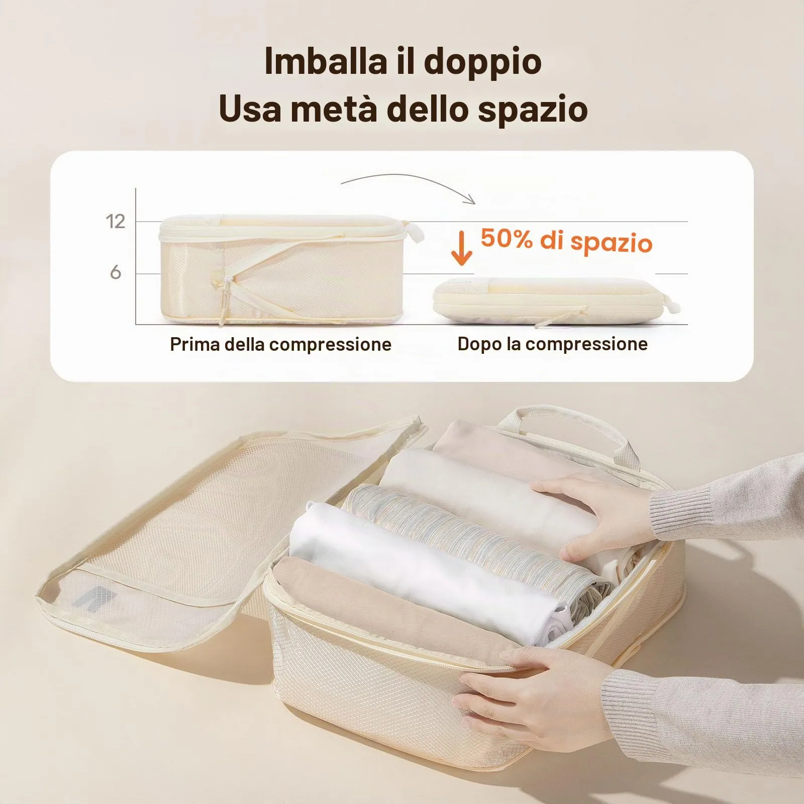 Organizer Valigia Compressione 8 Pezzi Packing Cubes Compression,Organizer Viaggio Salvaspazio Travel Accessori Beige - immagine 2