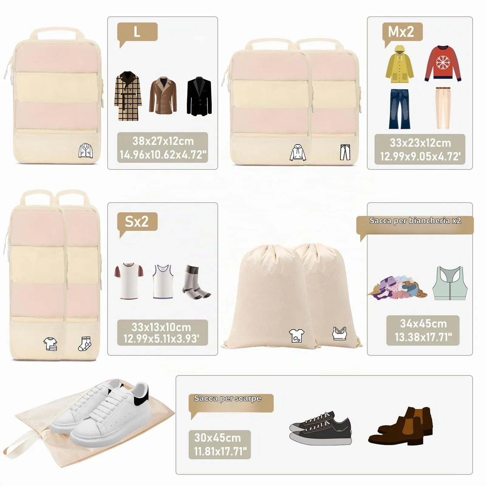 Organizer Valigia Compressione 8 Pezzi Packing Cubes Compression,Organizer Viaggio Salvaspazio Travel Accessori Beige - immagine 7
