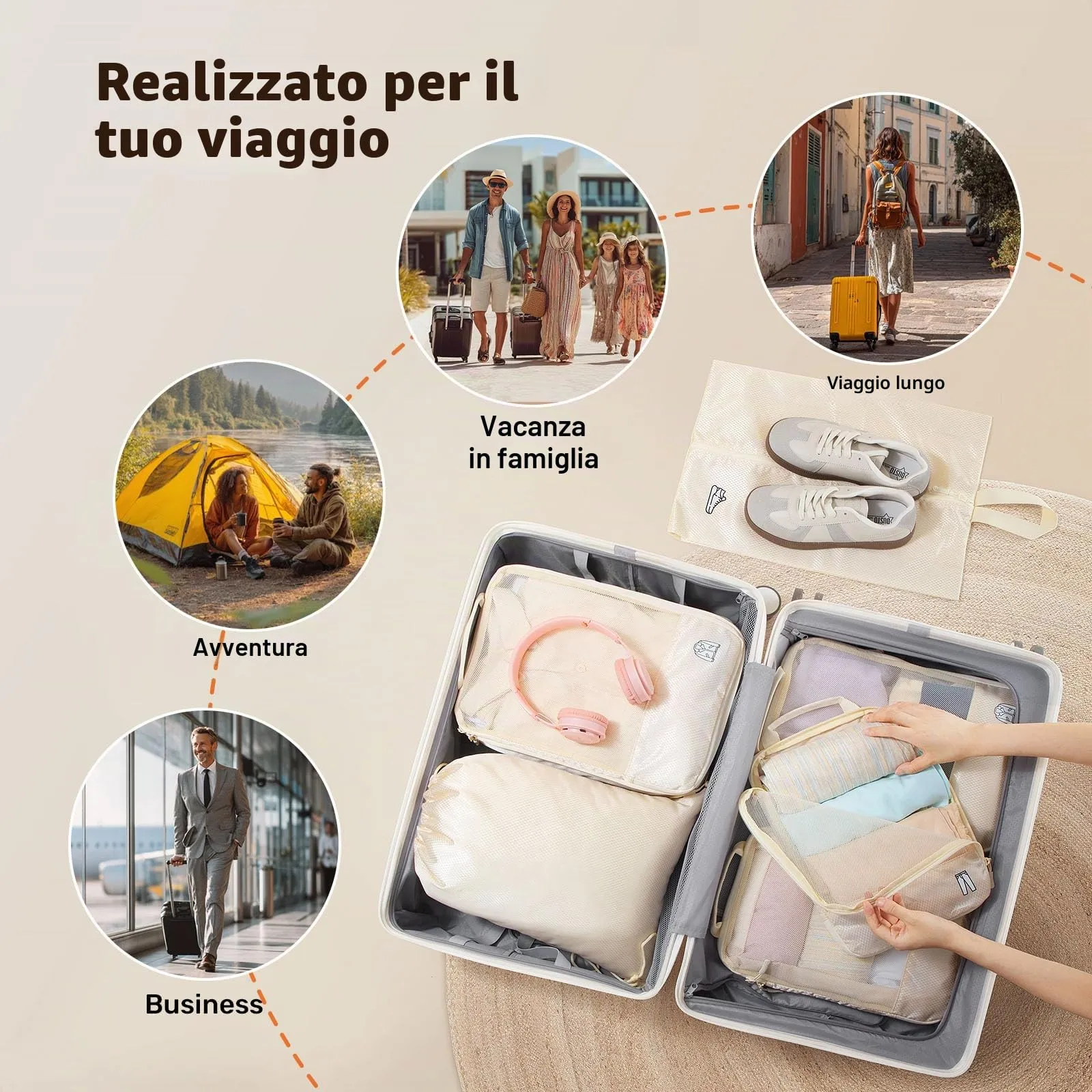 Organizer Valigia Compressione 8 Pezzi Packing Cubes Compression,Organizer Viaggio Salvaspazio Travel Accessori Beige - immagine 8