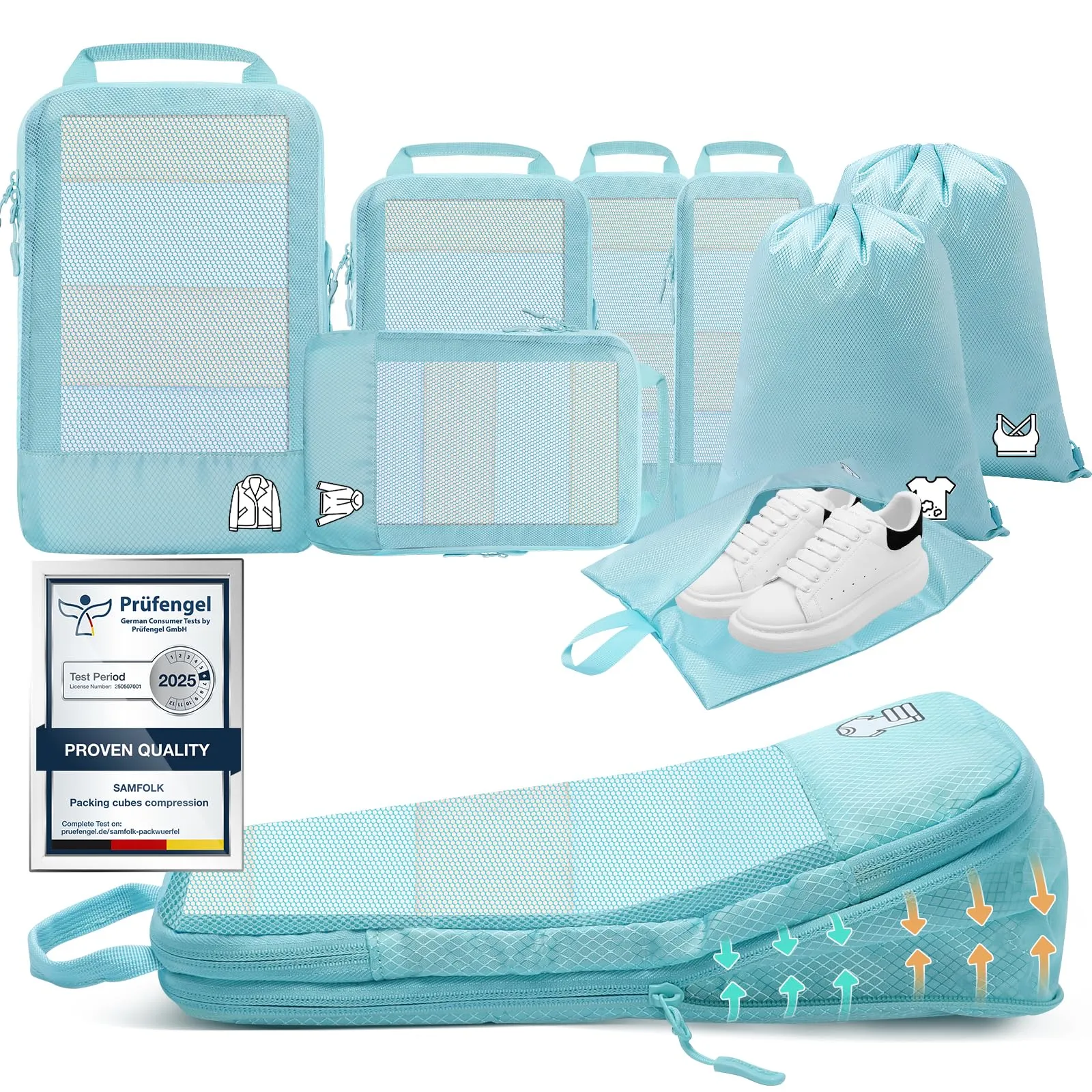 Organizer Valigia Compressione 8 Pezzi Packing Cubes Compression,Organizer Viaggio Salvaspazio Travel Accessori Azzurro - immagine 1