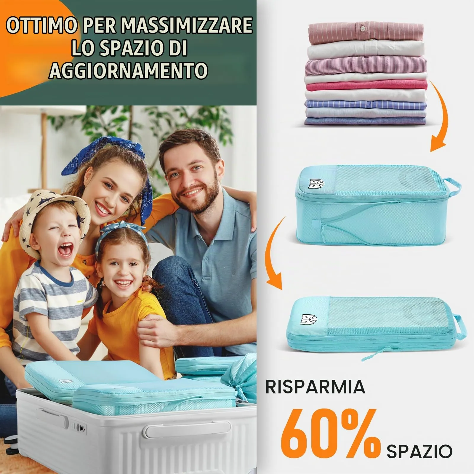 Organizer Valigia Compressione 8 Pezzi Packing Cubes Compression,Organizer Viaggio Salvaspazio Travel Accessori Azzurro - immagine 2