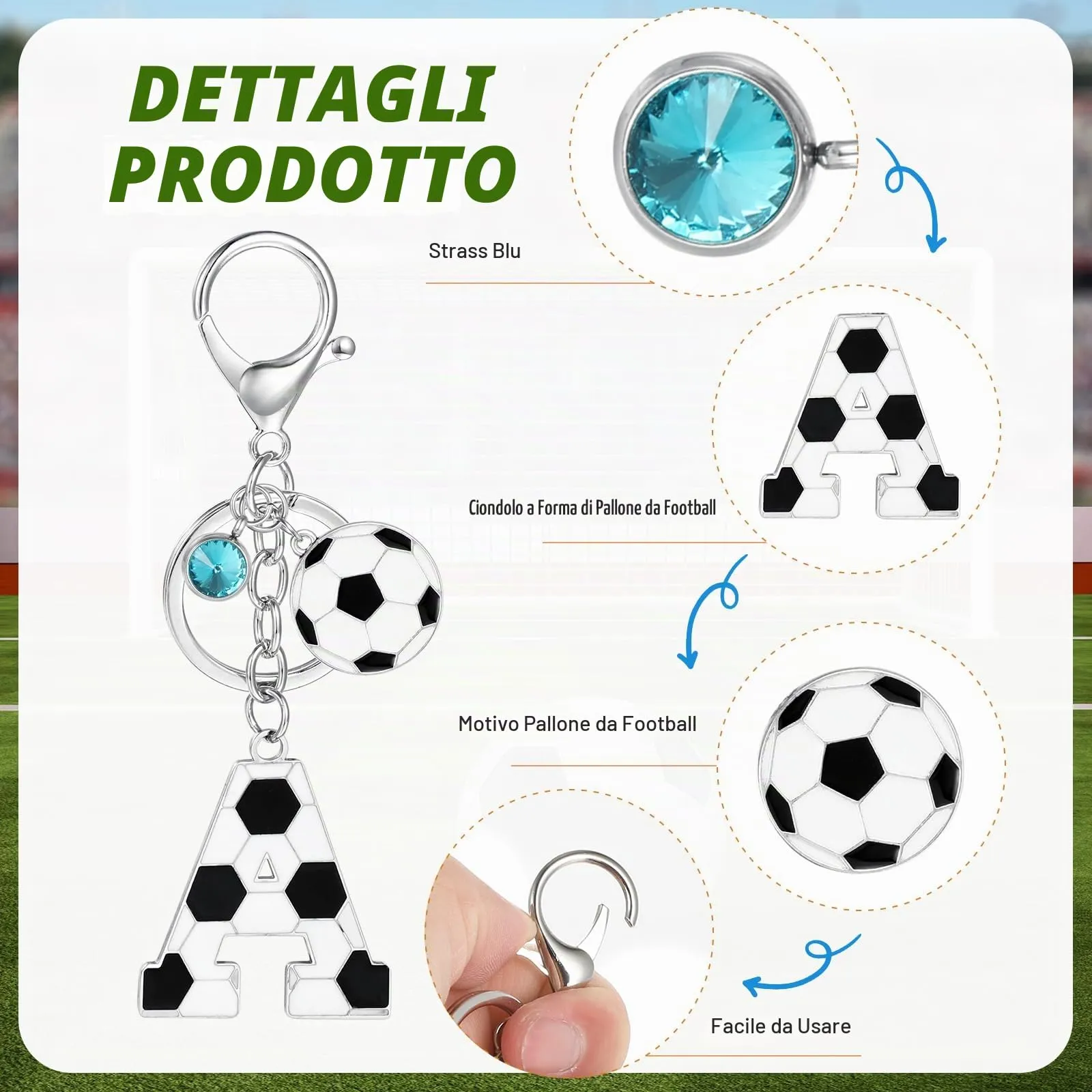 MWOOT Portachiavi Lettera Iniziale con Ciondoli Calcio, Charms Alfabeto Sport Regalo Amanti Borse Zaino - immagine 3