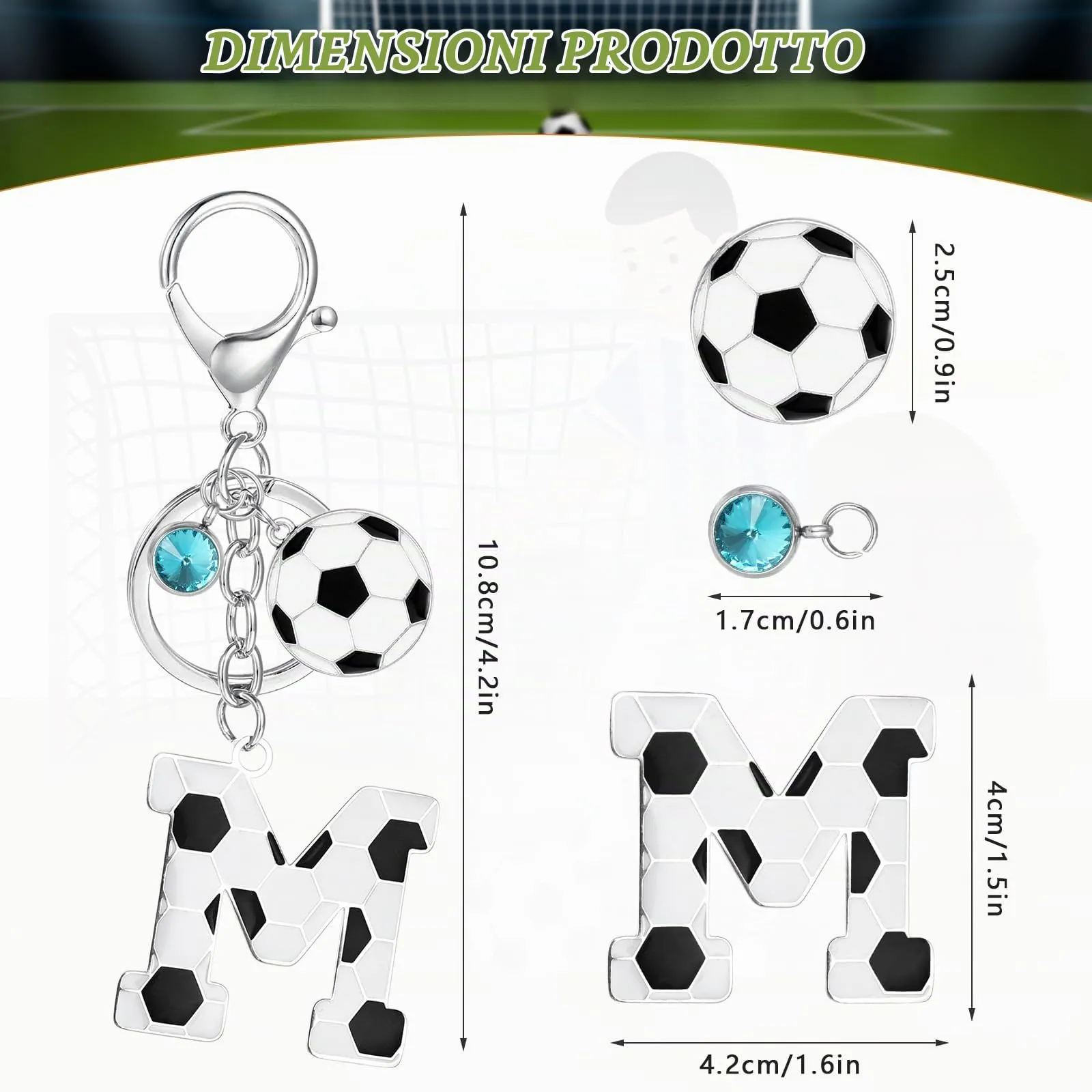 MWOOT Portachiavi Lettera Iniziale con Ciondolo Calcio, Regalo per Amanti del Calcio, Charms per Borse e Zaini - immagine 2